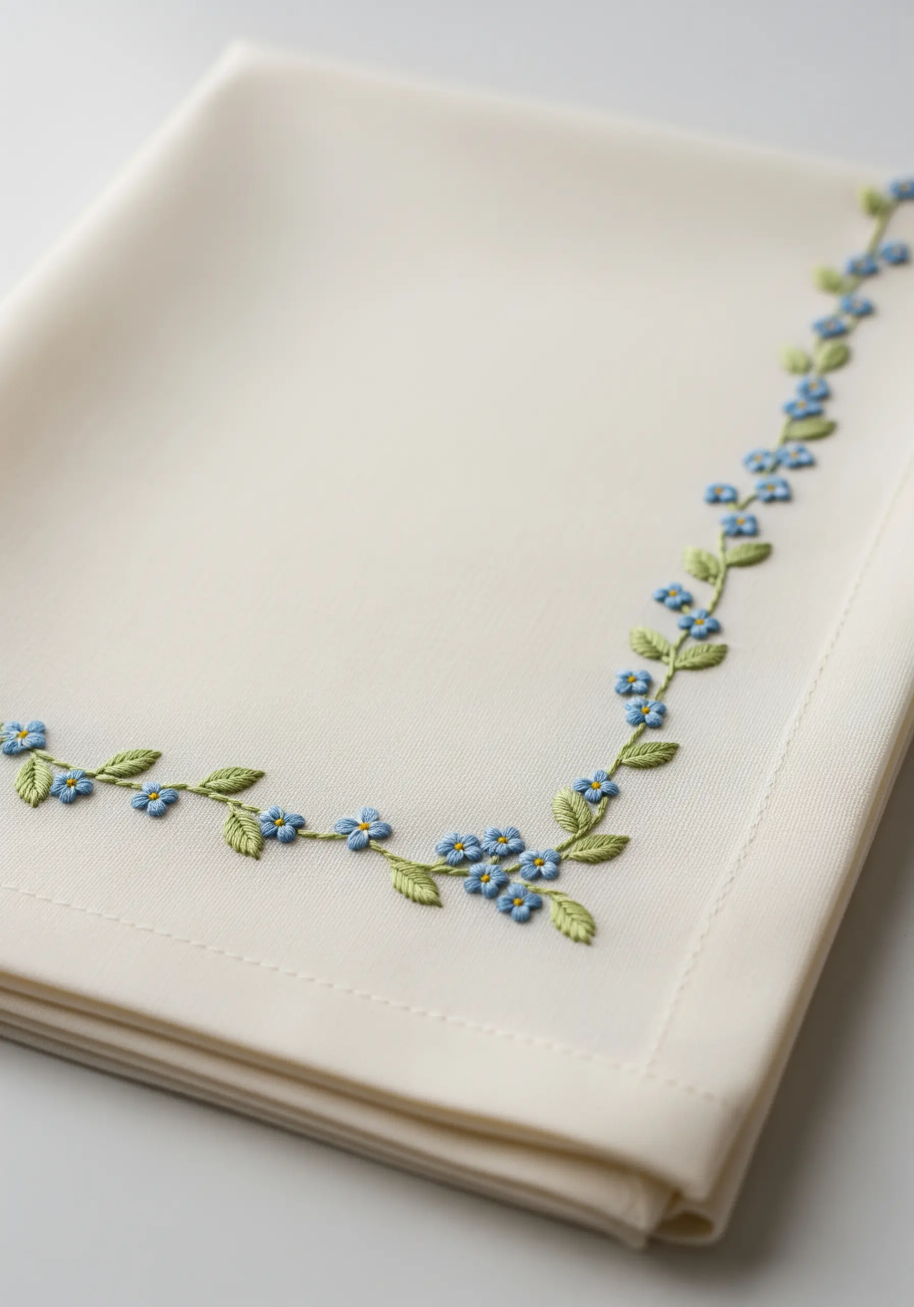A delicate vine of blue forget-me-not flowers on the corner of a cream napkin.