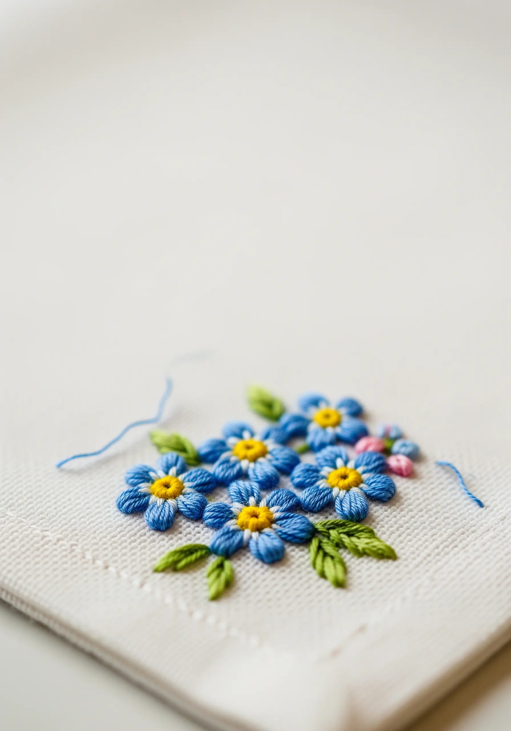 A small cluster of blue embroidered forget-me-nots with yellow centers on white linen.