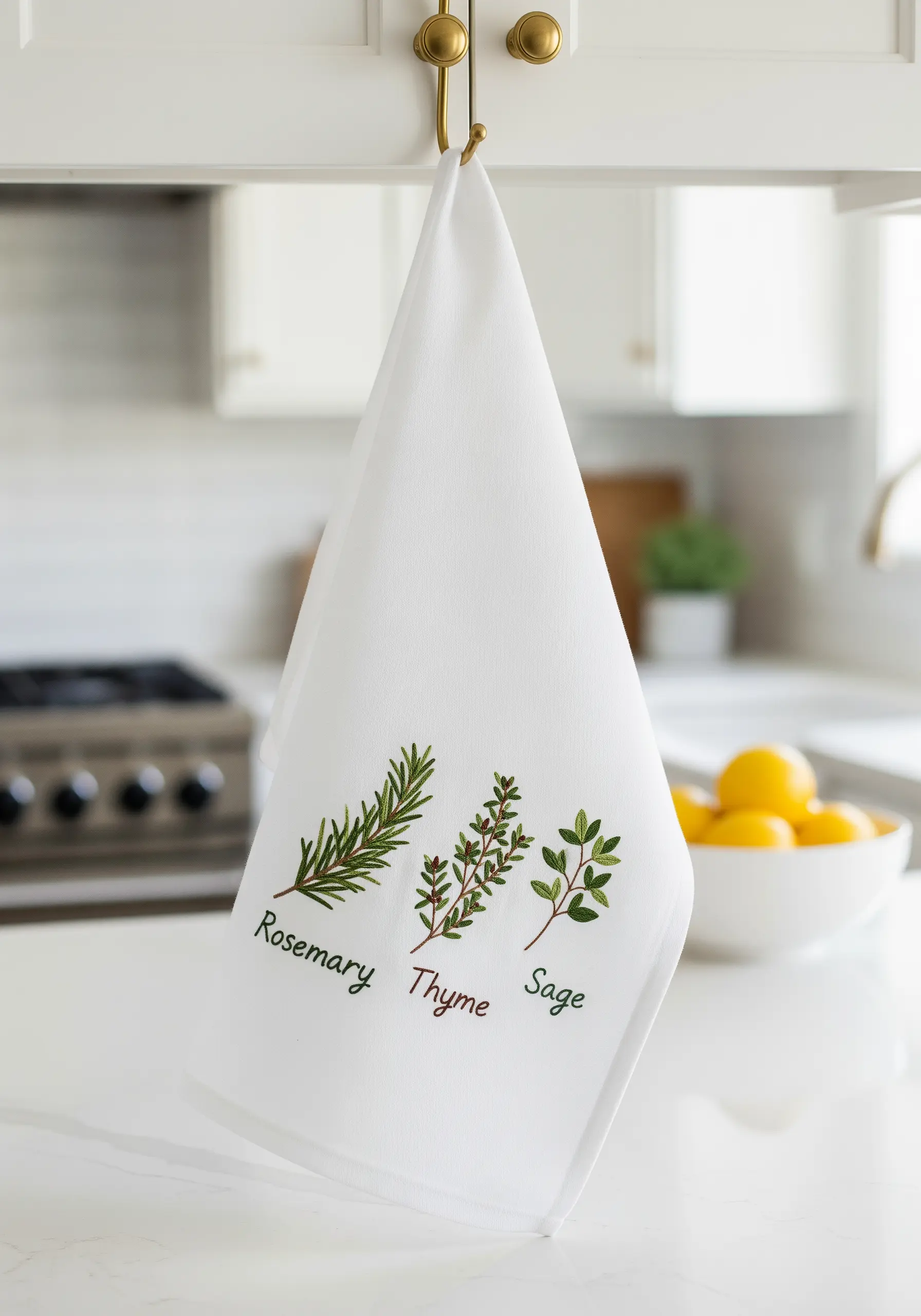 A white kitchen towel embroidered with sprigs of rosemary, thyme, and sage.