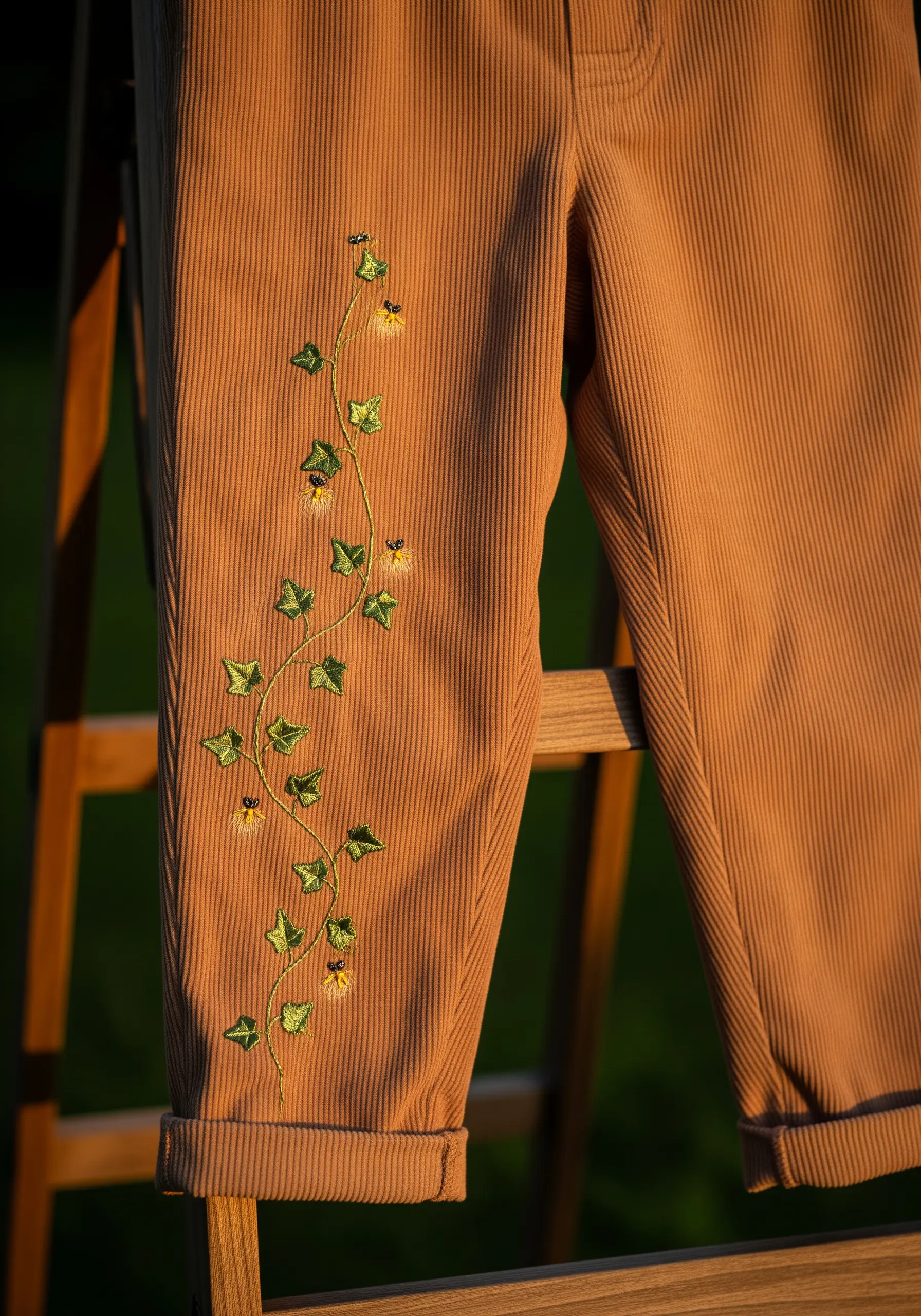 A delicate ivy vine with tiny flowers embroidered down the leg of brown corduroy pants.