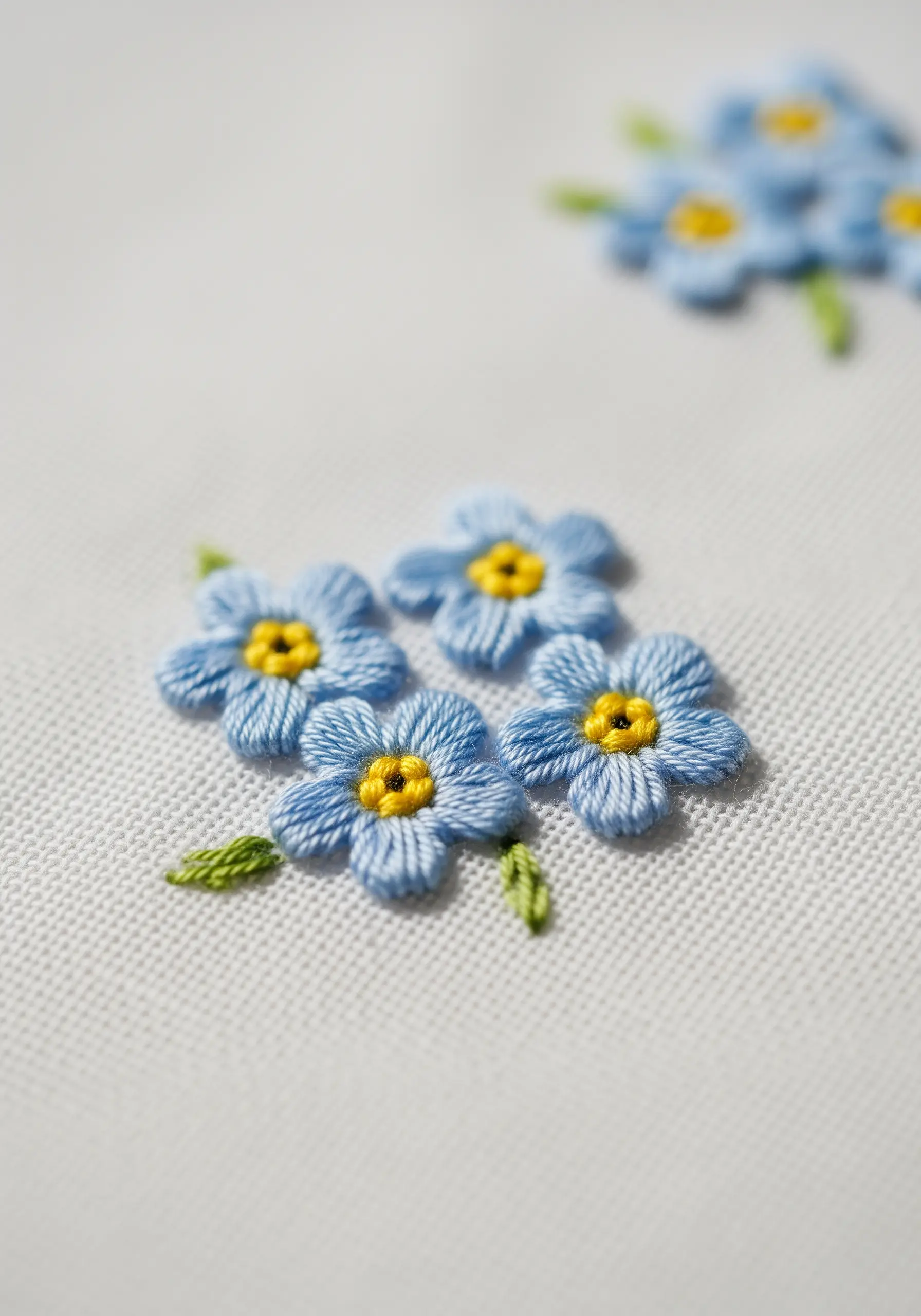 Small blue forget-me-not flowers with yellow centers embroidered on white fabric.