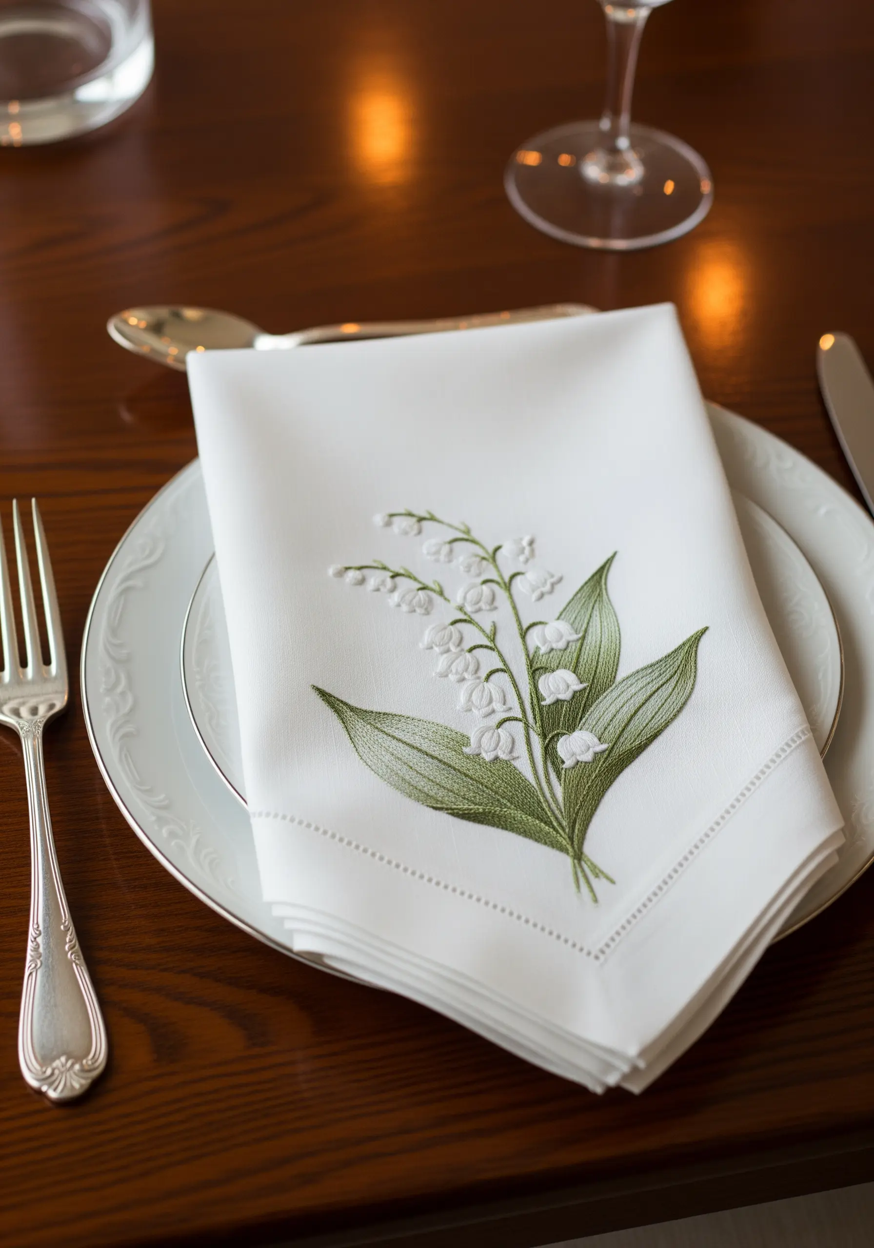 A beautifully embroidered Lily of the Valley bouquet with delicate white bell flowers on a napkin.