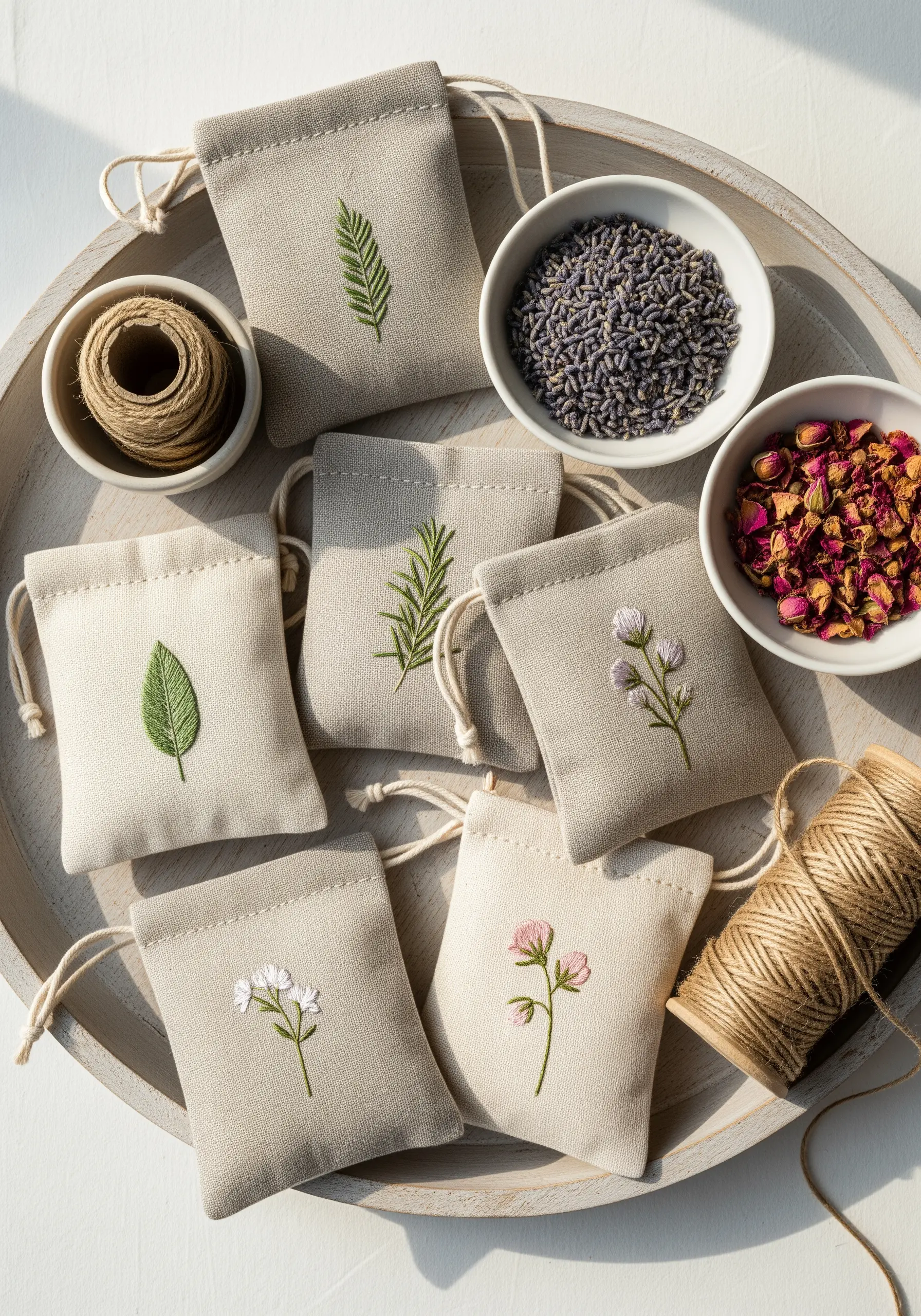 A collection of small linen drawstring bags, each with a single embroidered botanical stem.