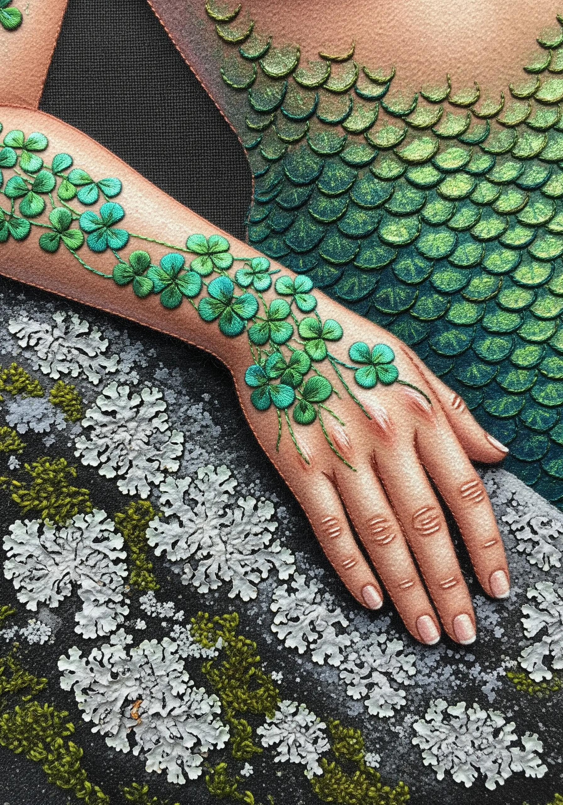 A close-up of a thread-painted mermaid arm with delicate clover tattoos and lichen details.