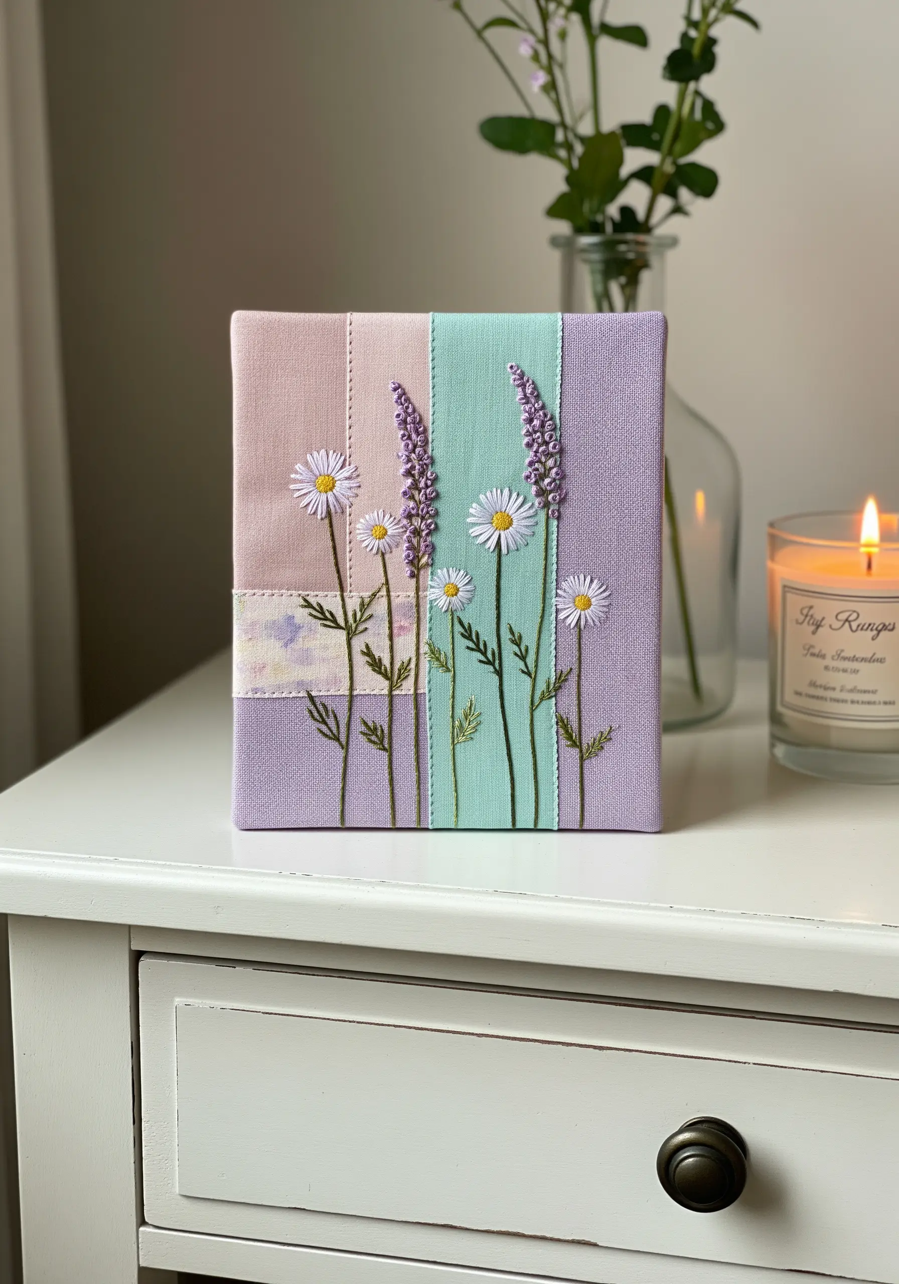 Embroidered daisies and lavender on a pastel color-blocked fabric canvas.