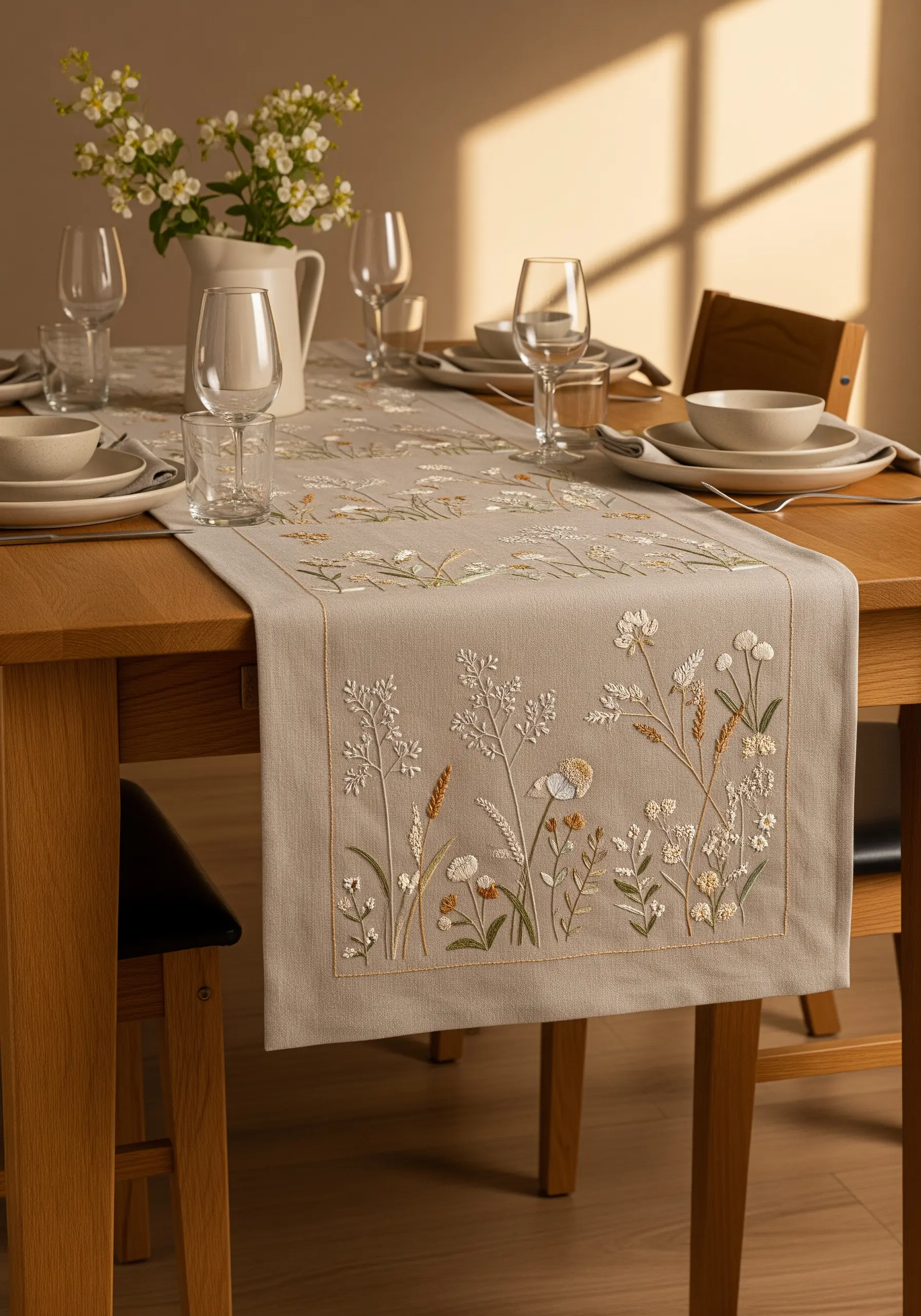 A beige table runner embroidered with a delicate border of wildflowers in white and muted green.