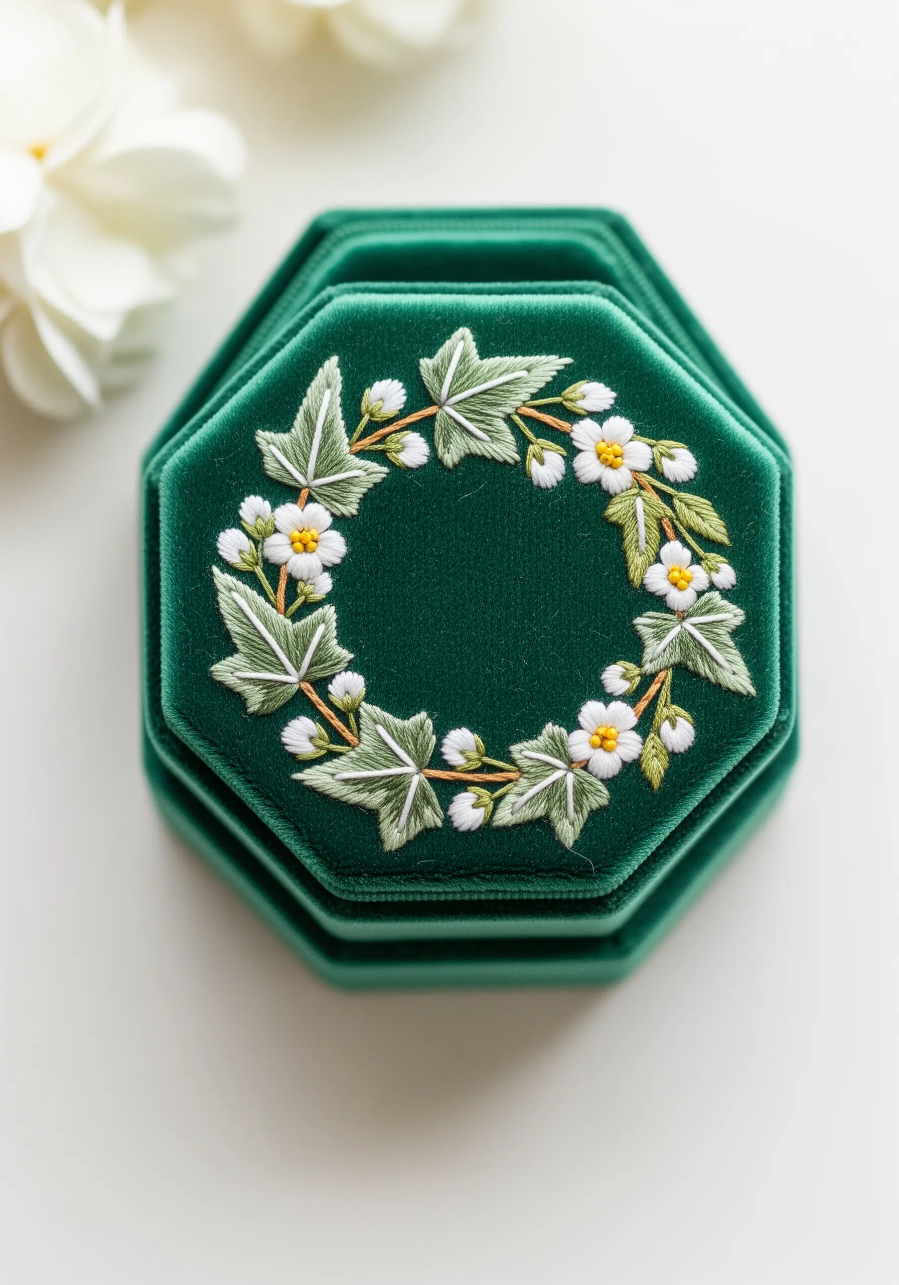 A delicate wreath of ivy and white flowers embroidered on the lid of an emerald green velvet ring box.