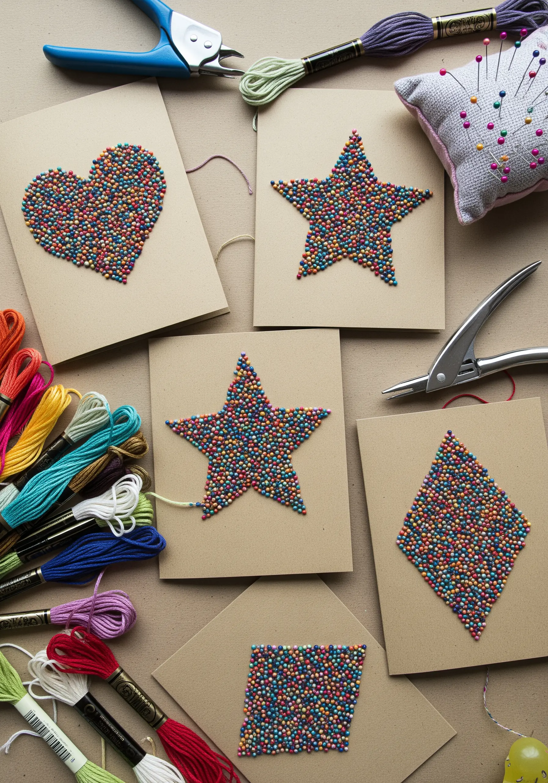 Greeting cards featuring stars and hearts filled with multi-colored French knots