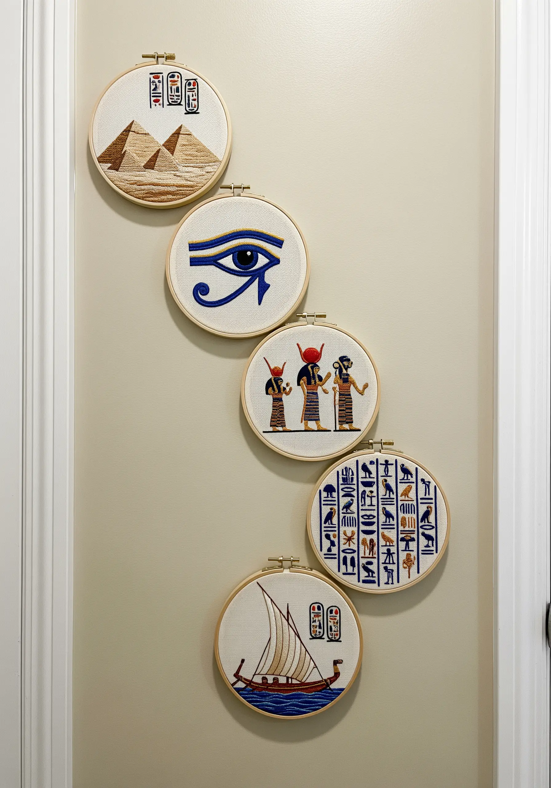A vertical arrangement of five Egypt-themed embroidery hoops, including pyramids and the Eye of Horus.