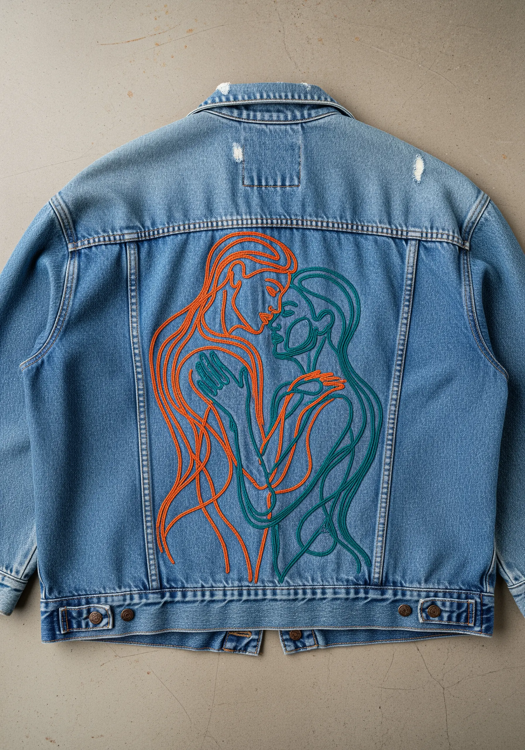 Two intertwined figures in an embrace, stitched in continuous orange and teal lines on a jacket.