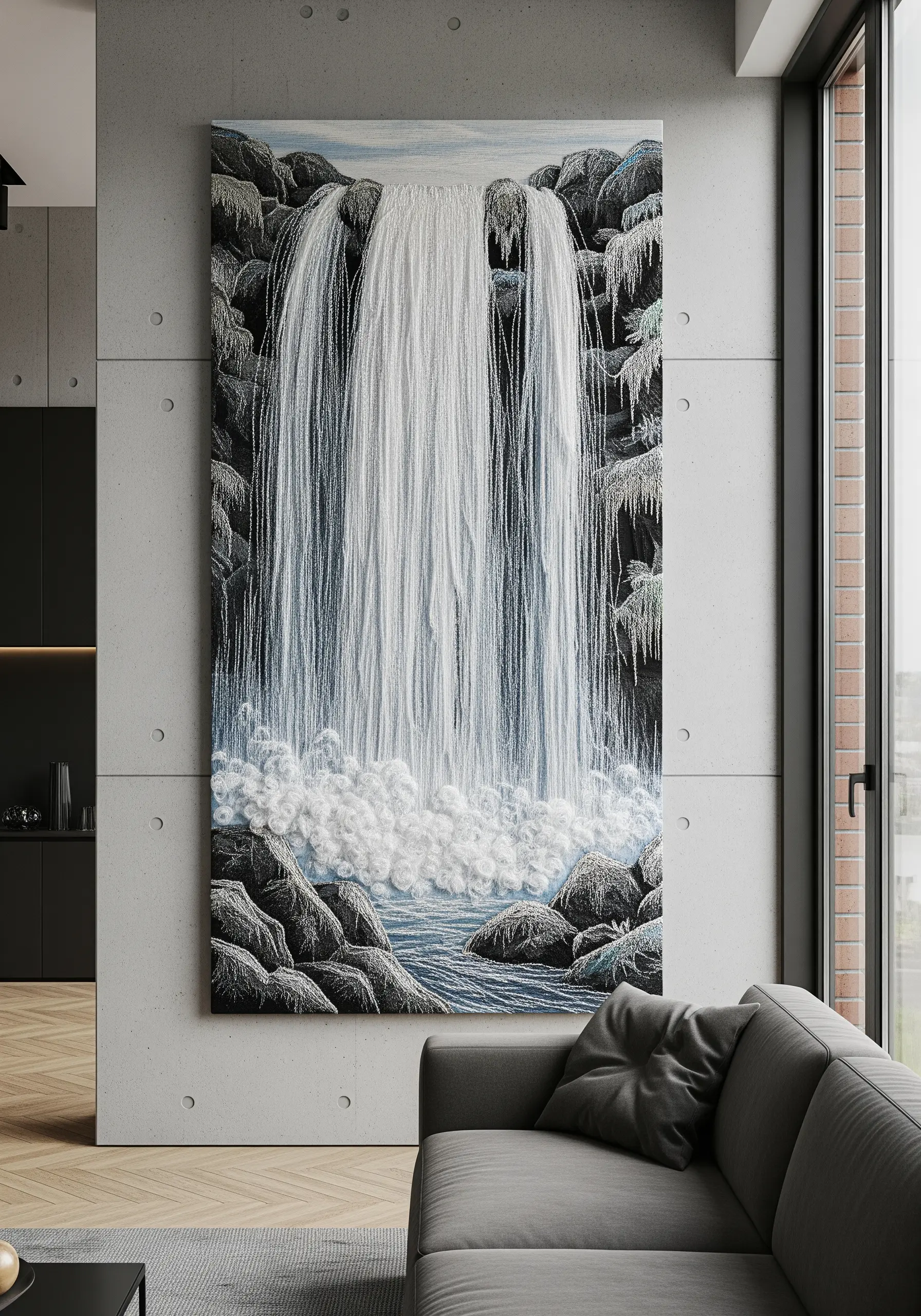 A large embroidered tapestry of a waterfall with long vertical stitches and textured spray