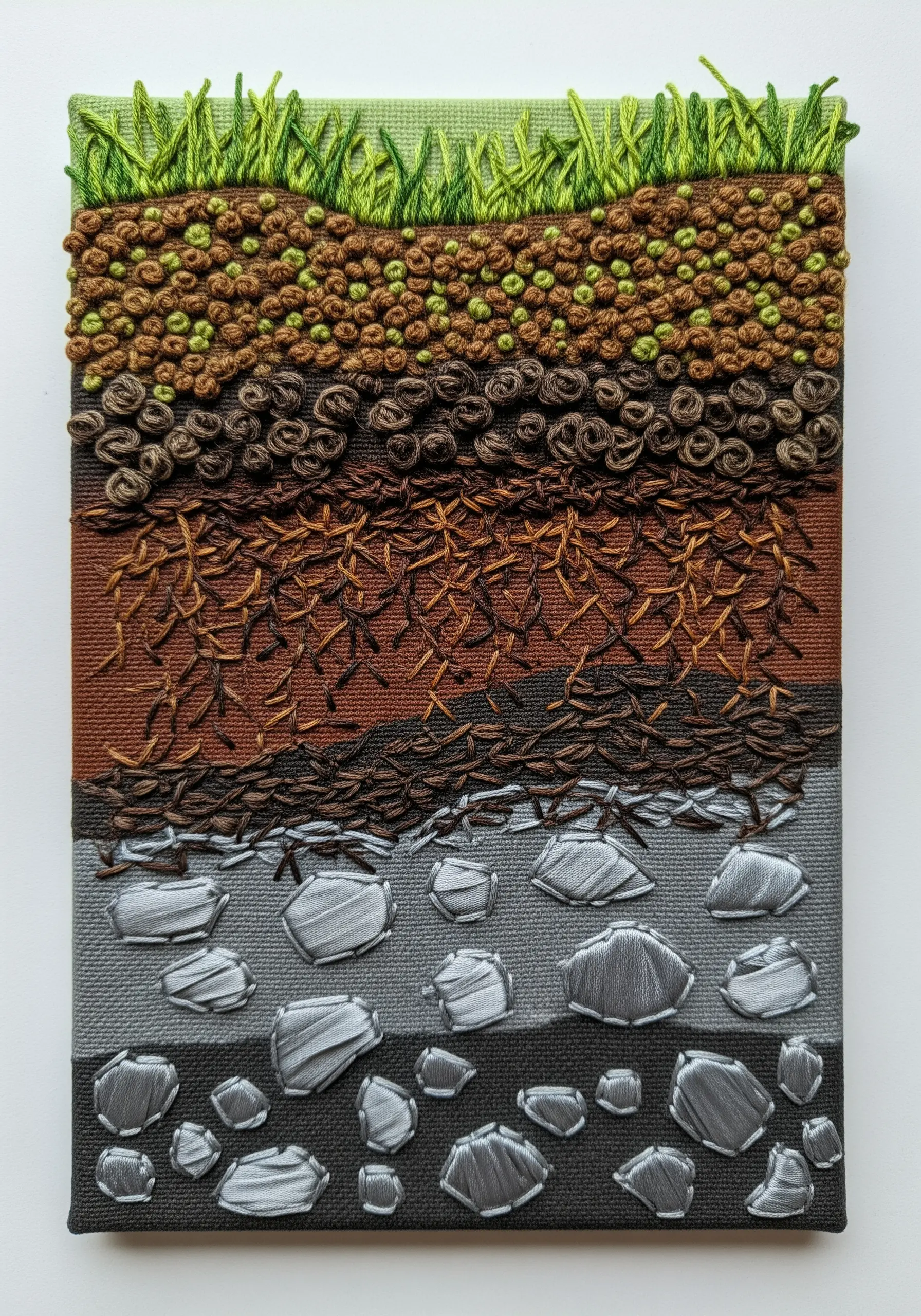 Embroidered soil cross-section showing different layers with unique stitches and textures.
