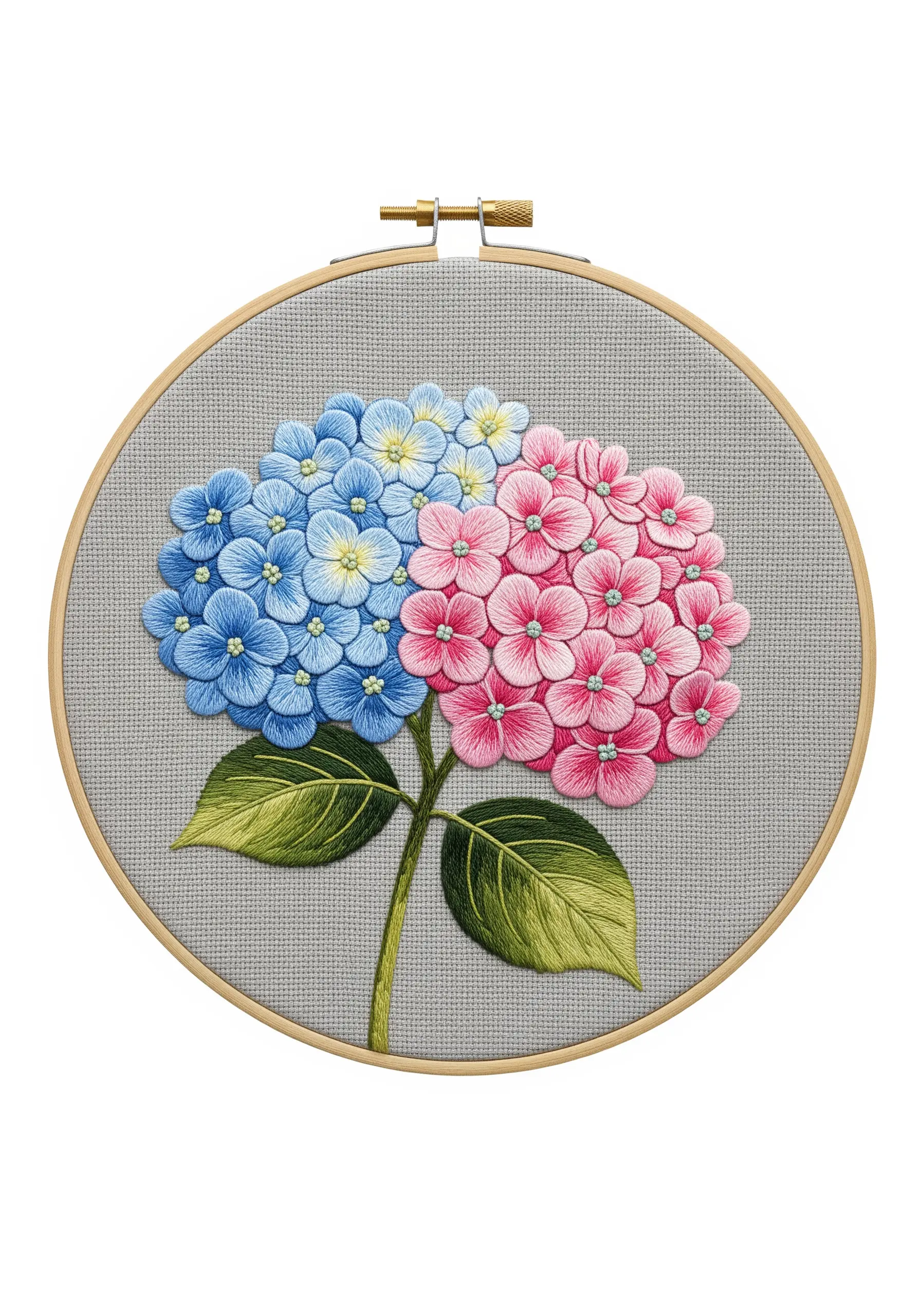 A single hydrangea head embroidered with half blue flowers and half pink flowers.