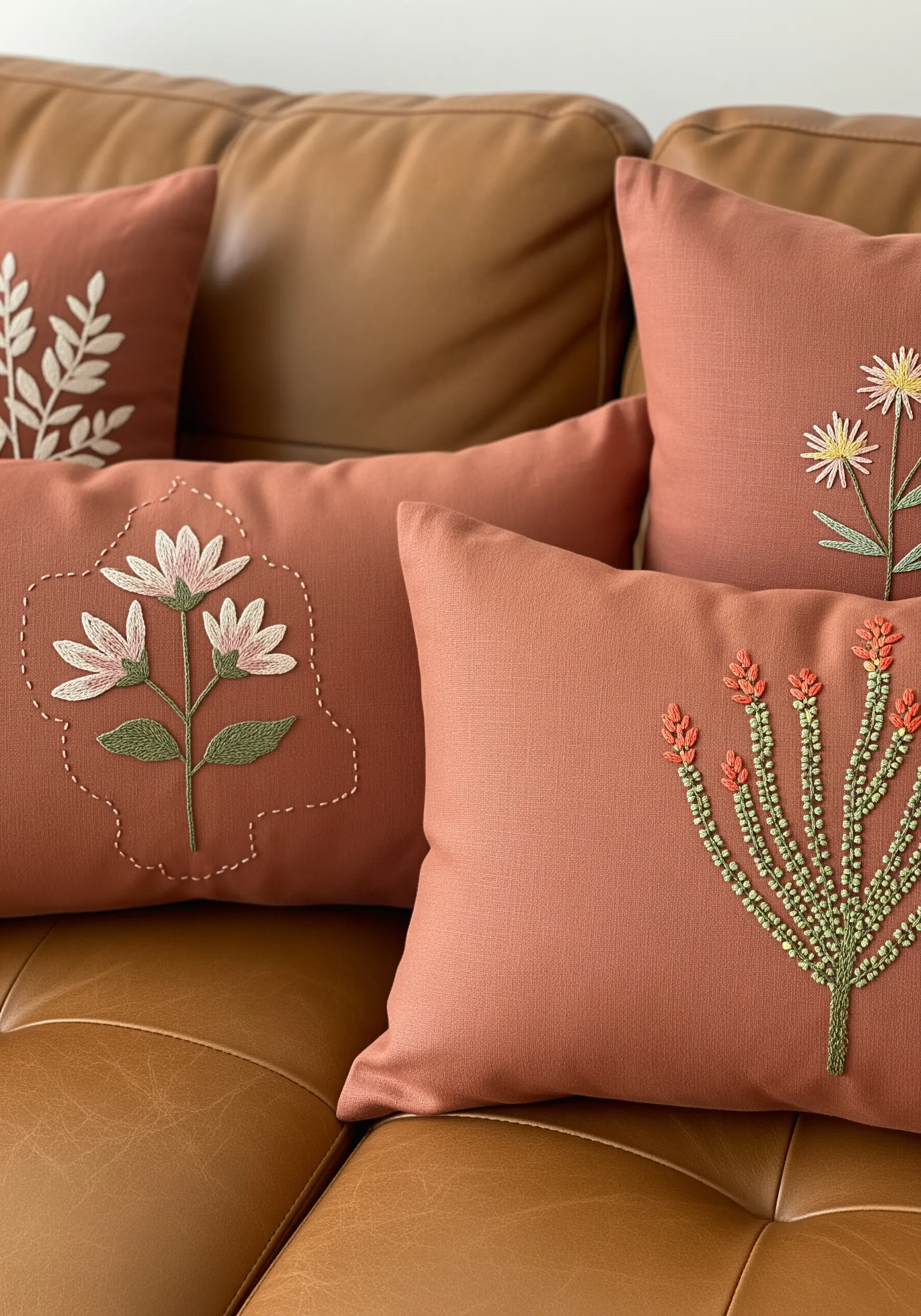Desert floral embroidery in earthy tones on dusty rose pillows, using various stitches.