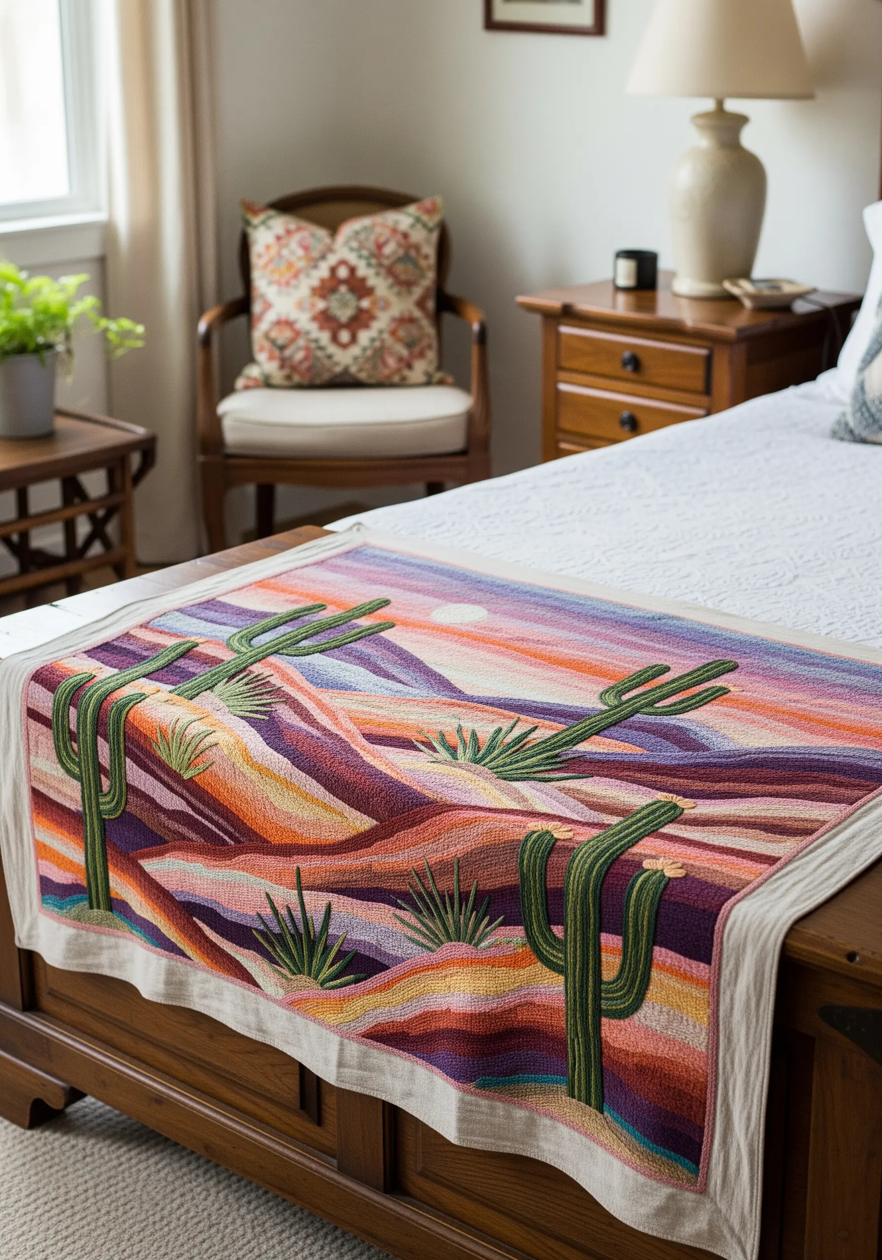 A bed runner with a detailed, thread-painted desert landscape in warm sunset colors.