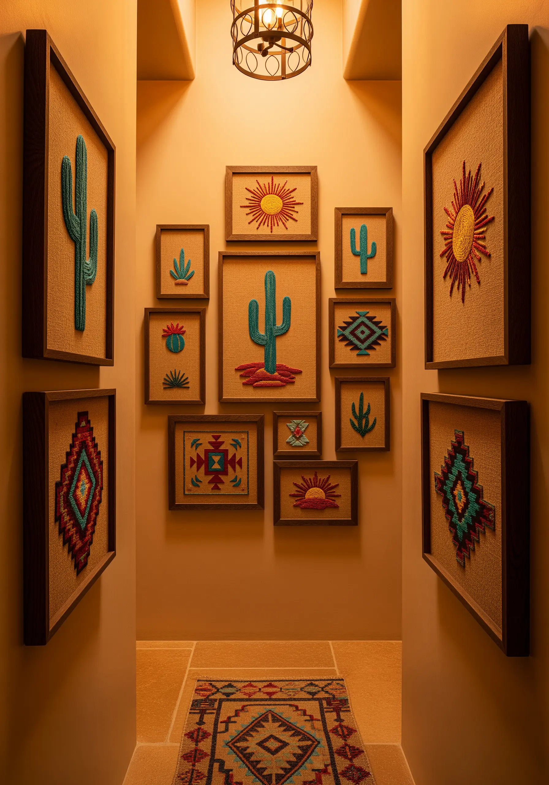 A gallery wall of framed embroideries with desert motifs like cacti and geometric patterns.