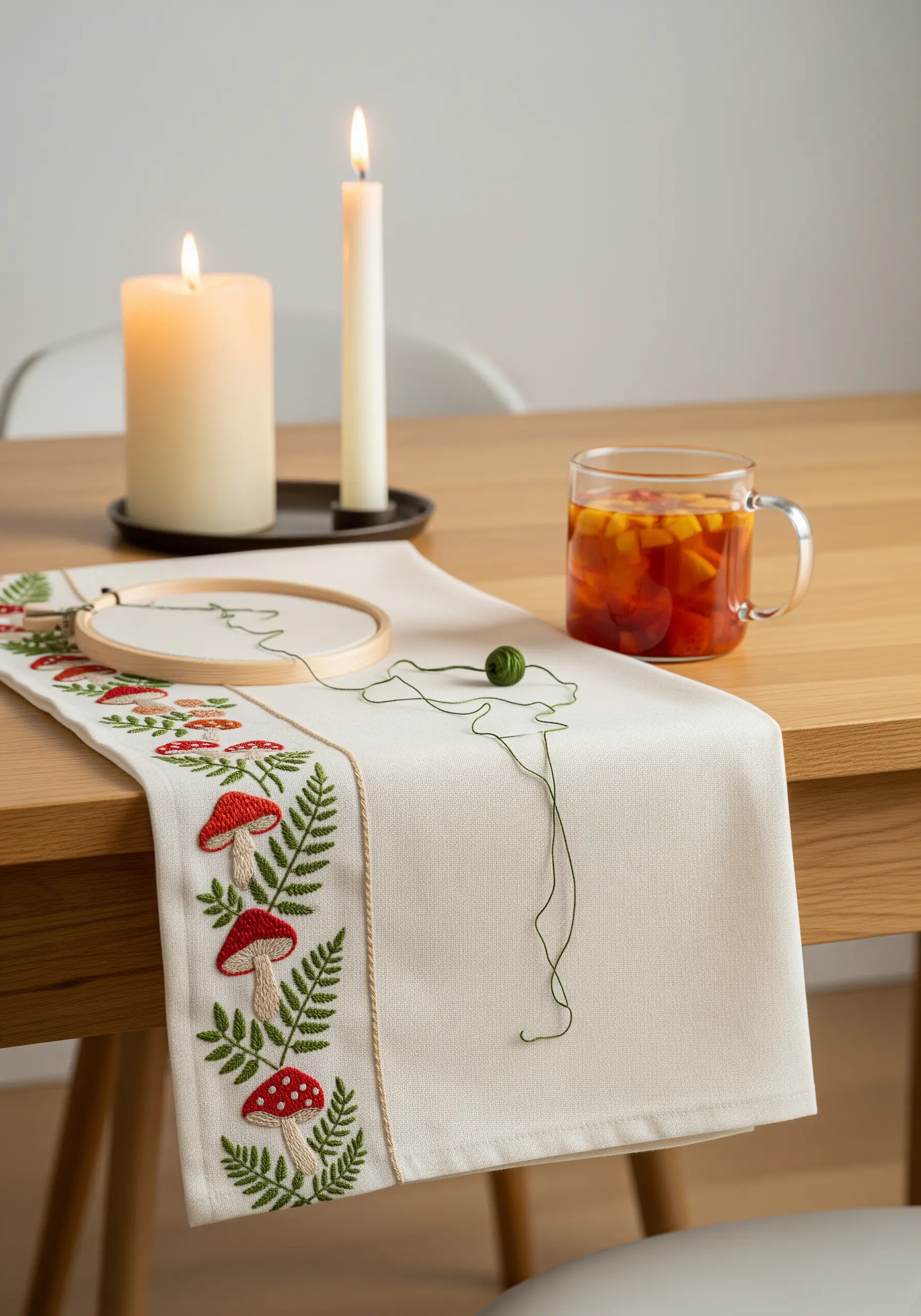 A hand-embroidered table runner with a repeating pattern of ferns and red mushrooms.