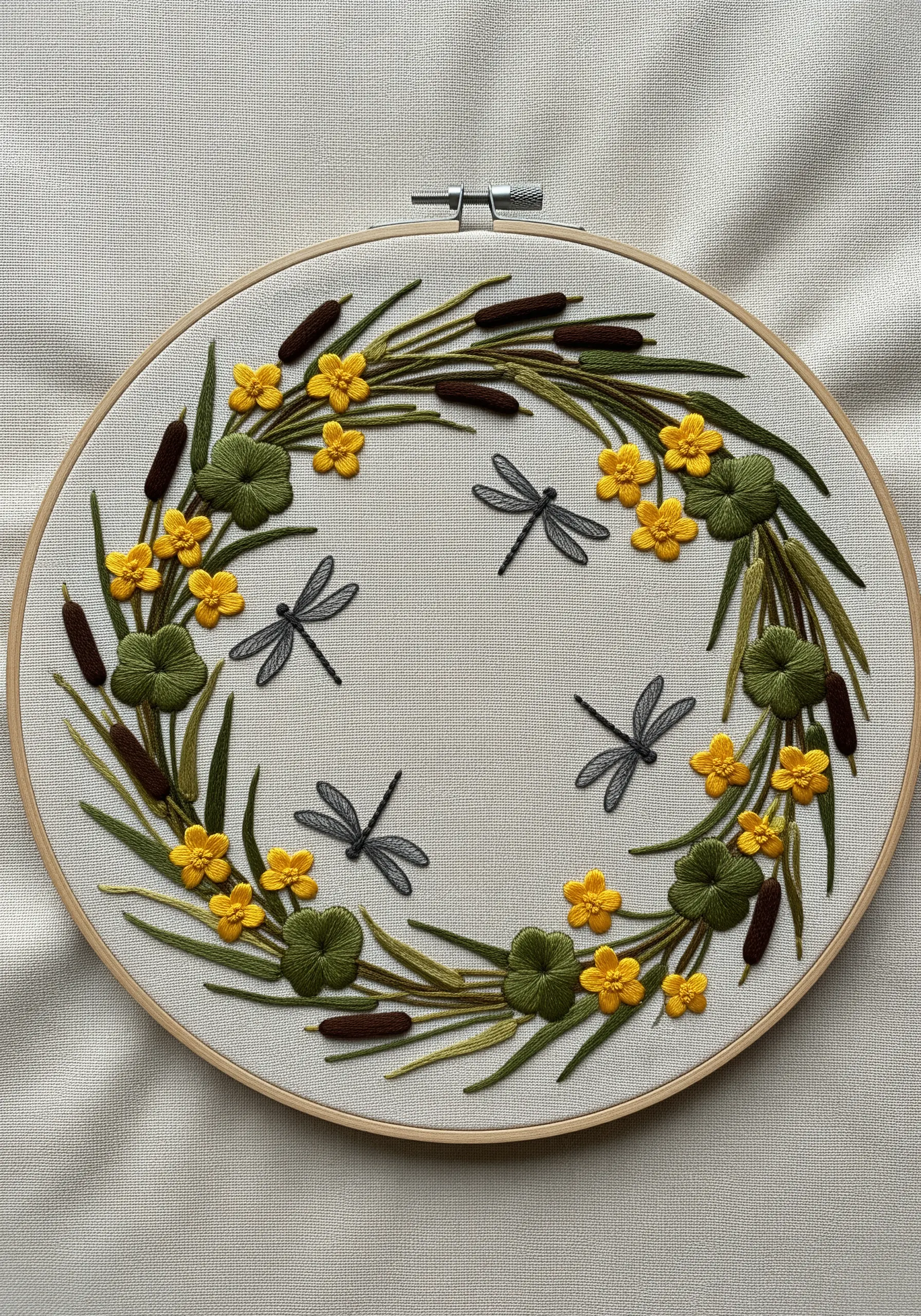 A circular wreath embroidery with cattails, lily pads, yellow flowers, and four dragonflies.