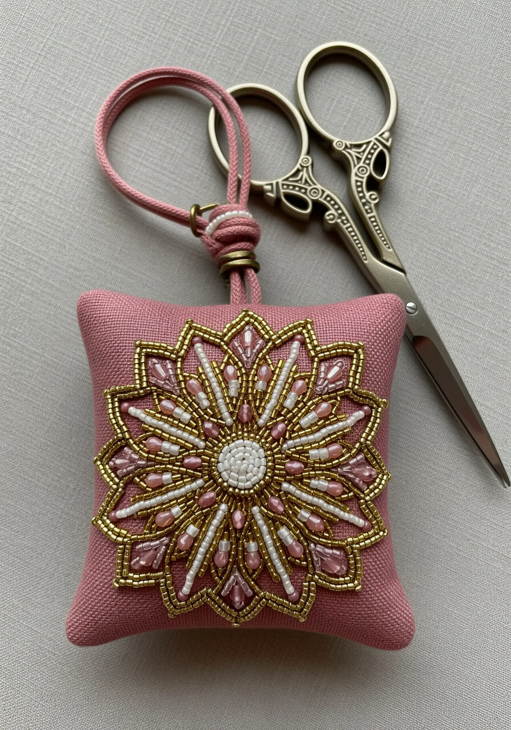 A pink linen sachet decorated with an intricate beaded mandala in gold, white, and pink.