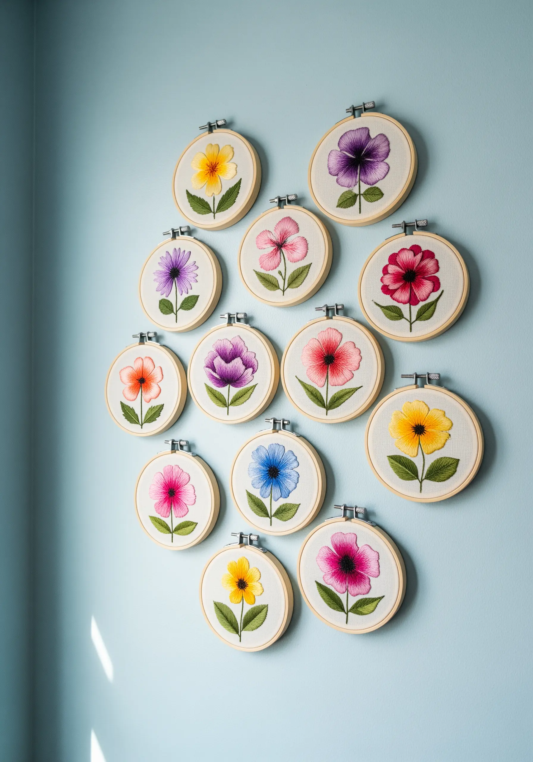 Wall collage of multiple small hoops, each with a different colored embroidered flower.