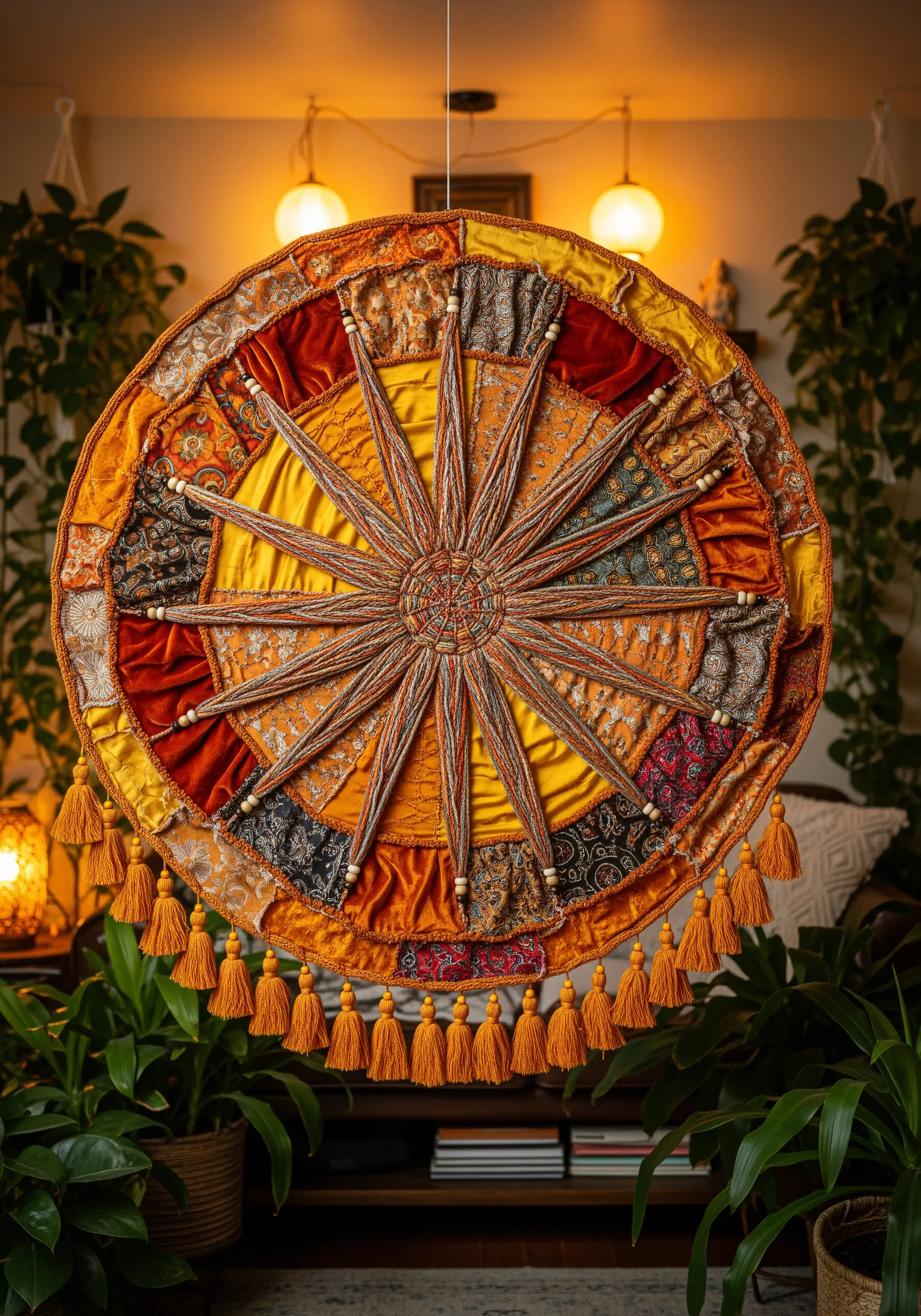 Large circular wall hanging made from patchwork velvet and brocade scraps with yarn spokes and tassels.