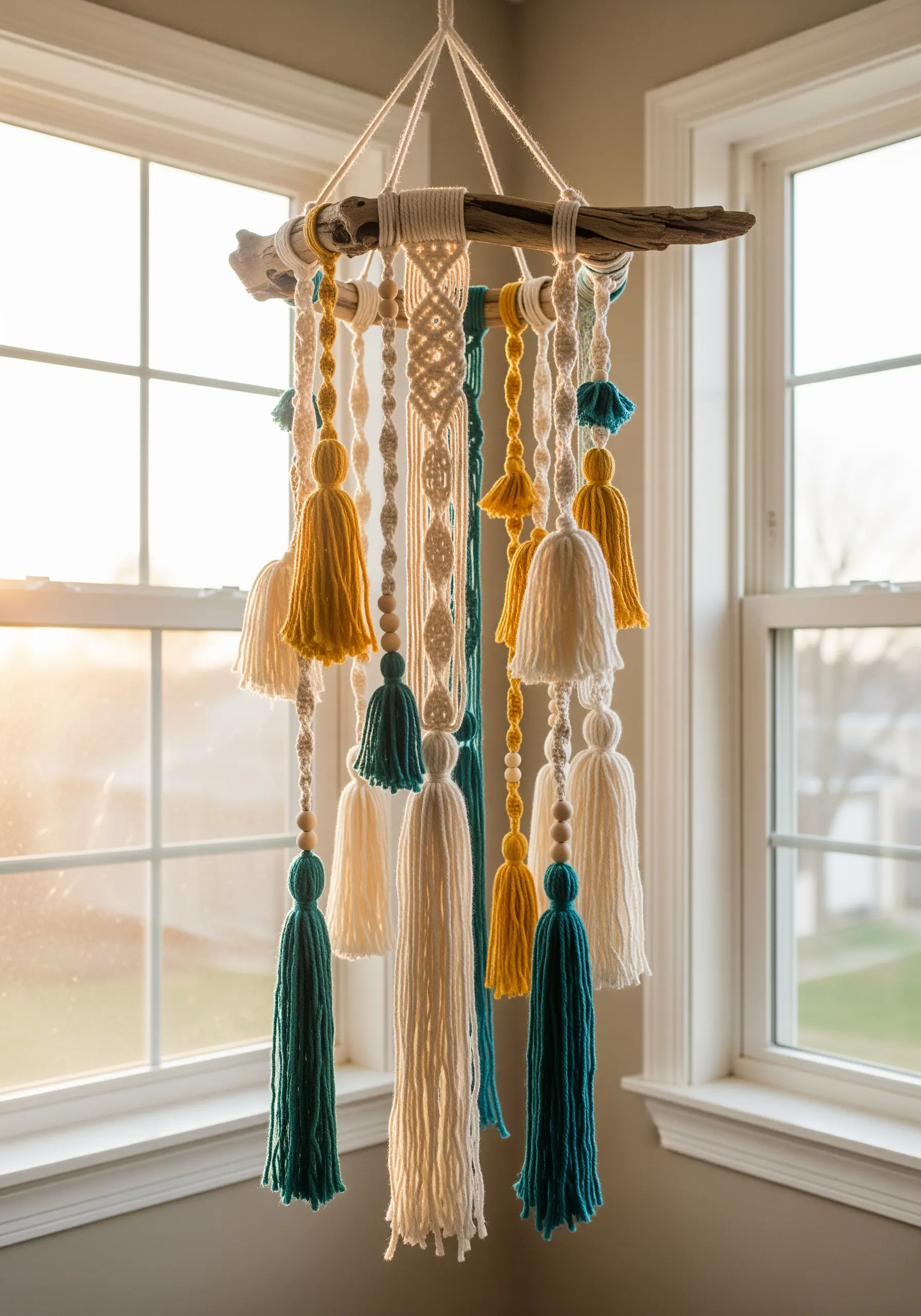 A mobile made from driftwood featuring large yarn tassels in teal, yellow, and cream.