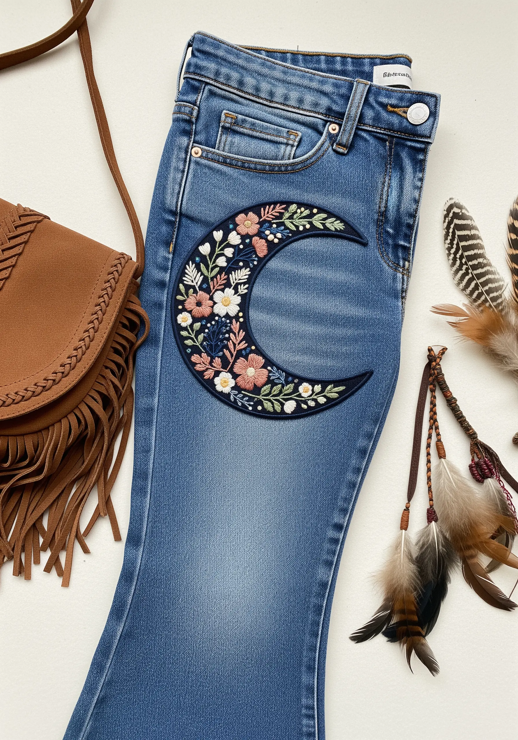A crescent moon-shaped patch filled with dense, colorful floral embroidery on blue jeans.
