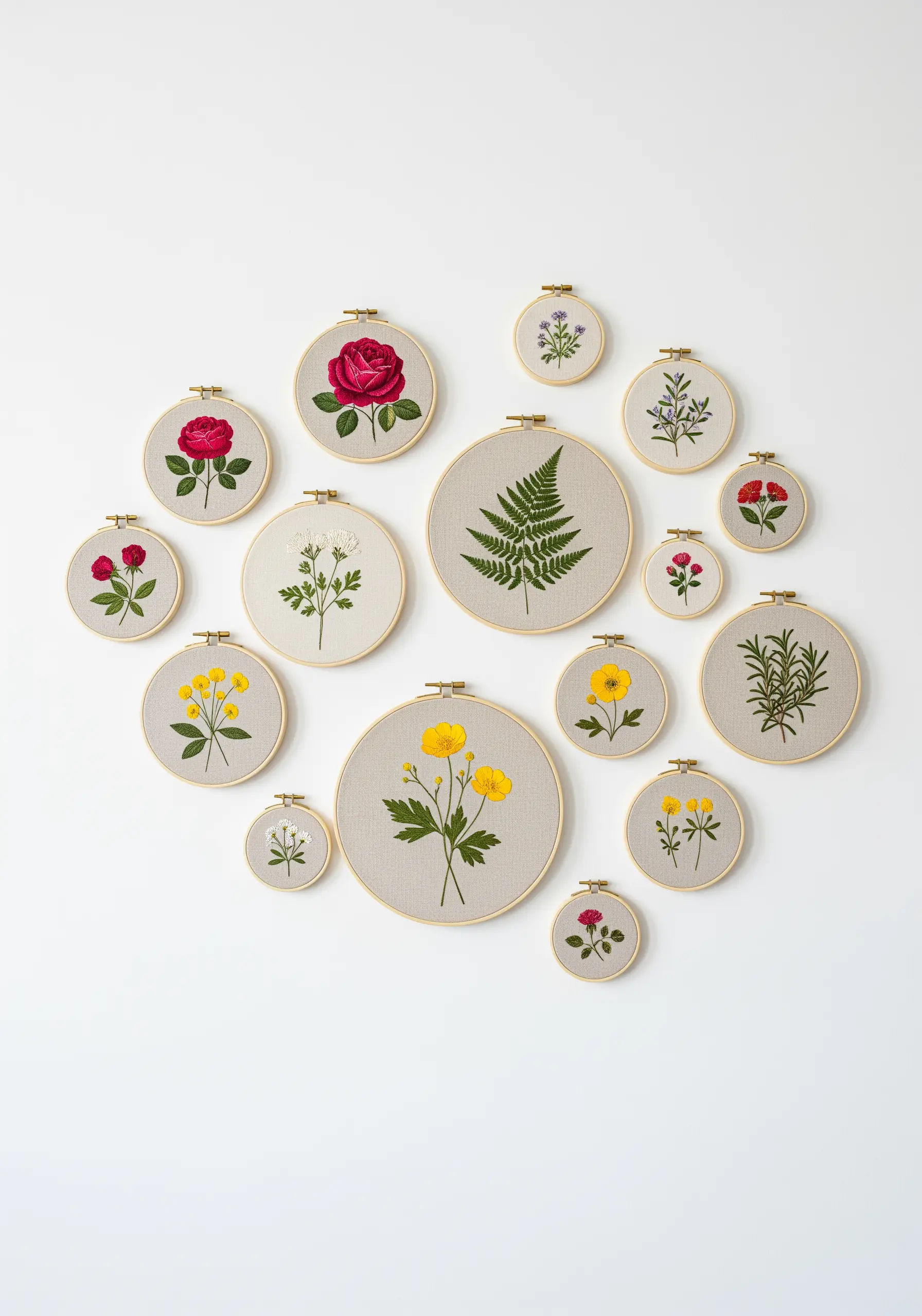 A gallery wall composed of multiple embroidery hoops of varying sizes with botanical specimens.