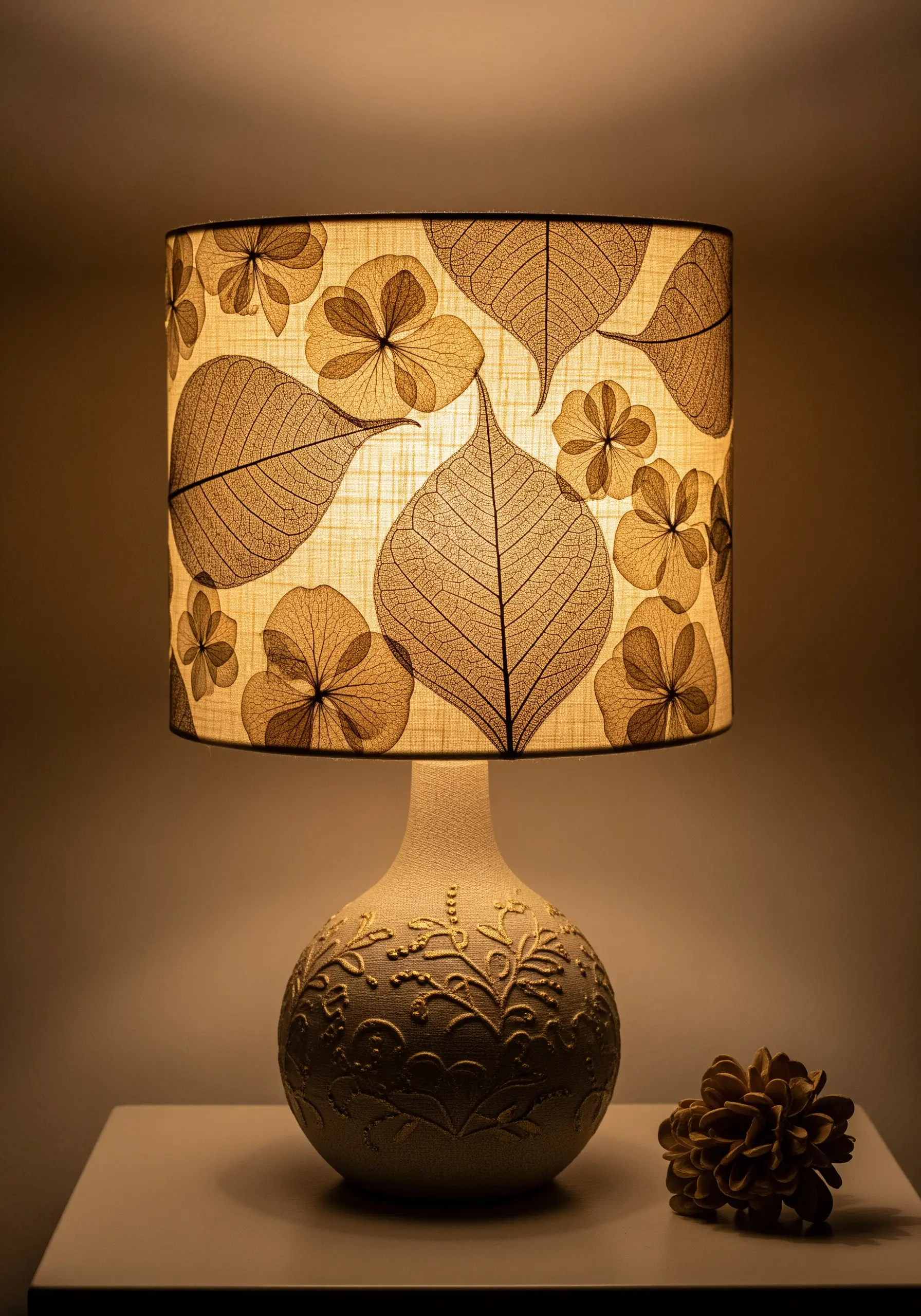 A cylindrical lampshade decorated with pressed skeleton leaves and flowers, illuminated from within.
