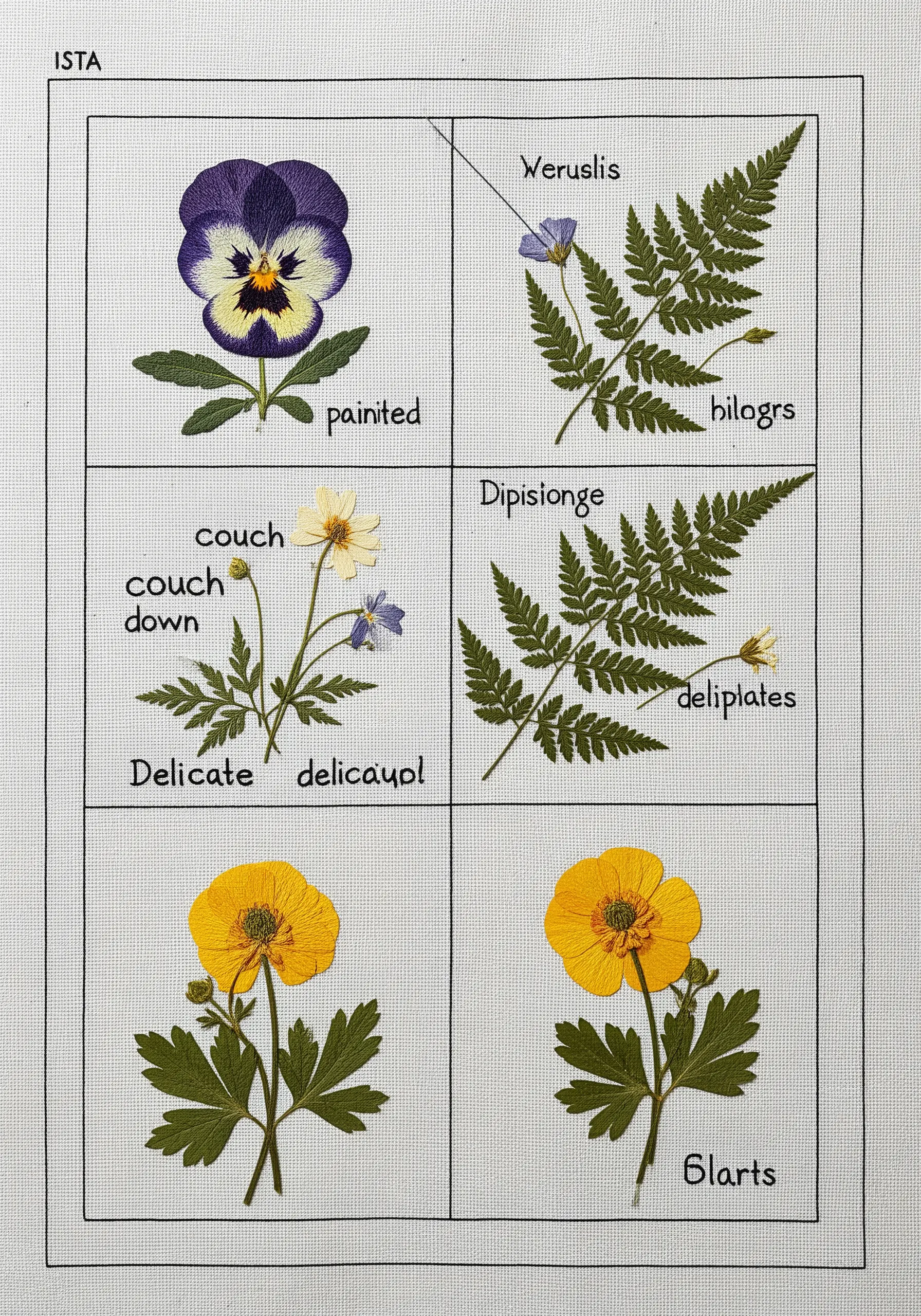 A botanical sampler with pressed flowers like pansies and ferns arranged in a grid with labels.
