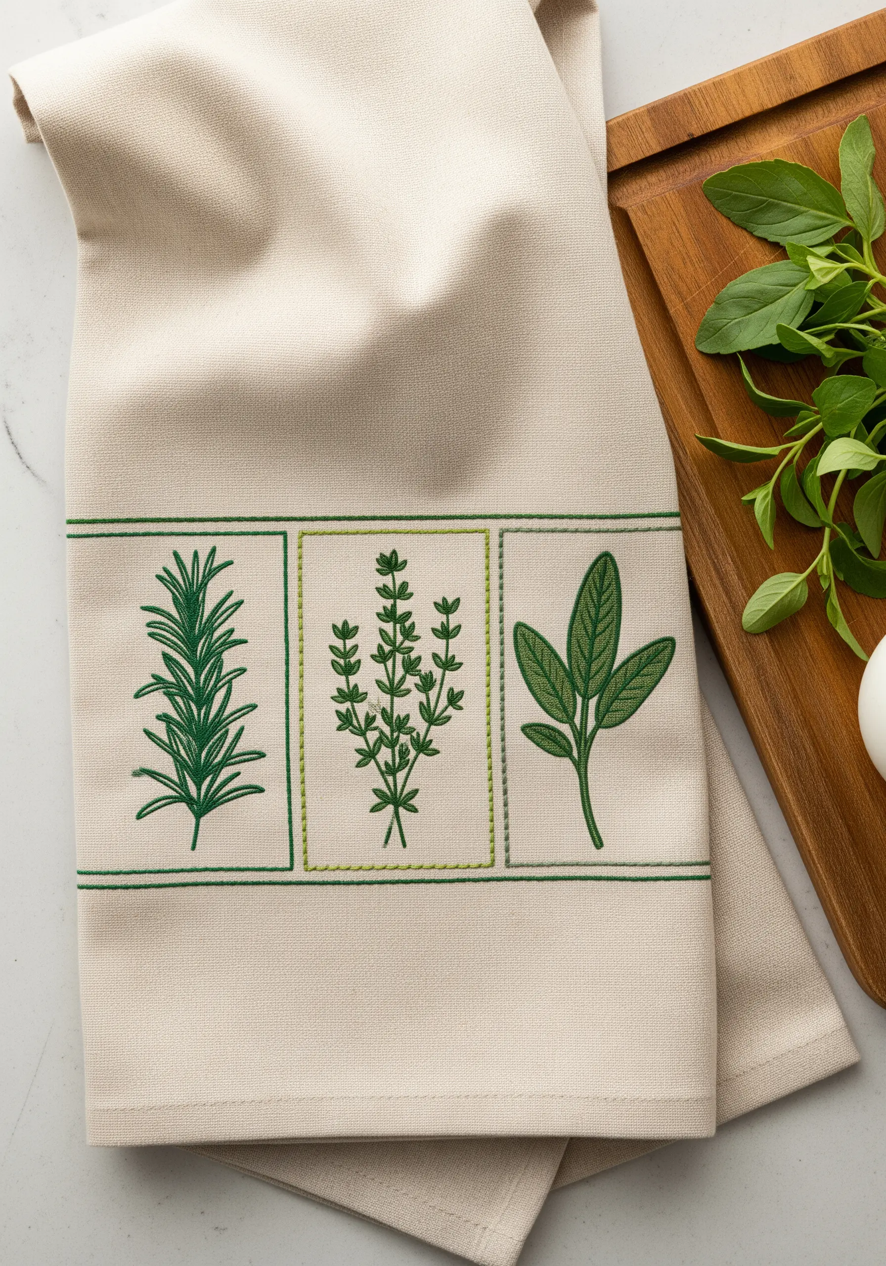 Three herb silhouettes—rosemary, thyme, sage—embroidered in green on a kitchen towel.