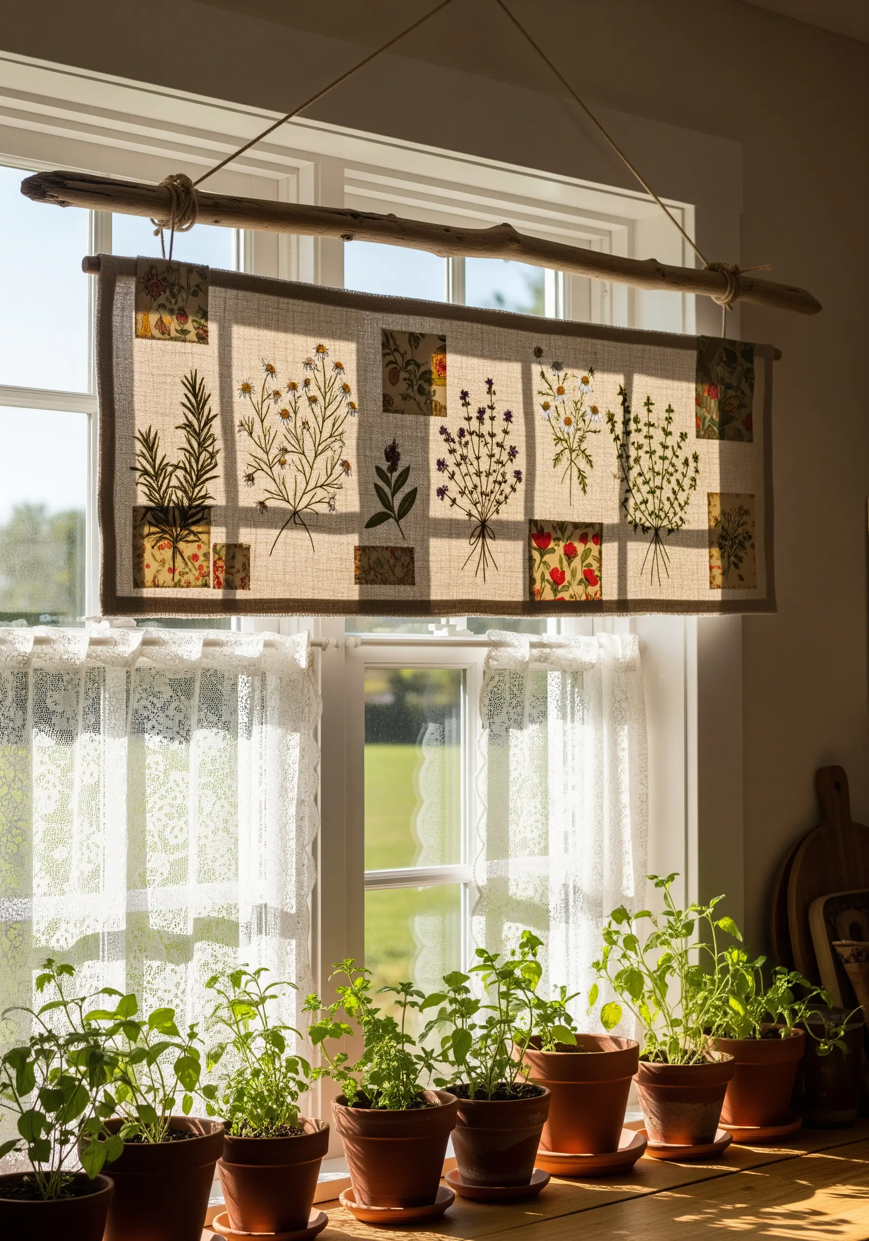 Embroidered herbs on a patchwork banner hanging from a rustic branch in a window.