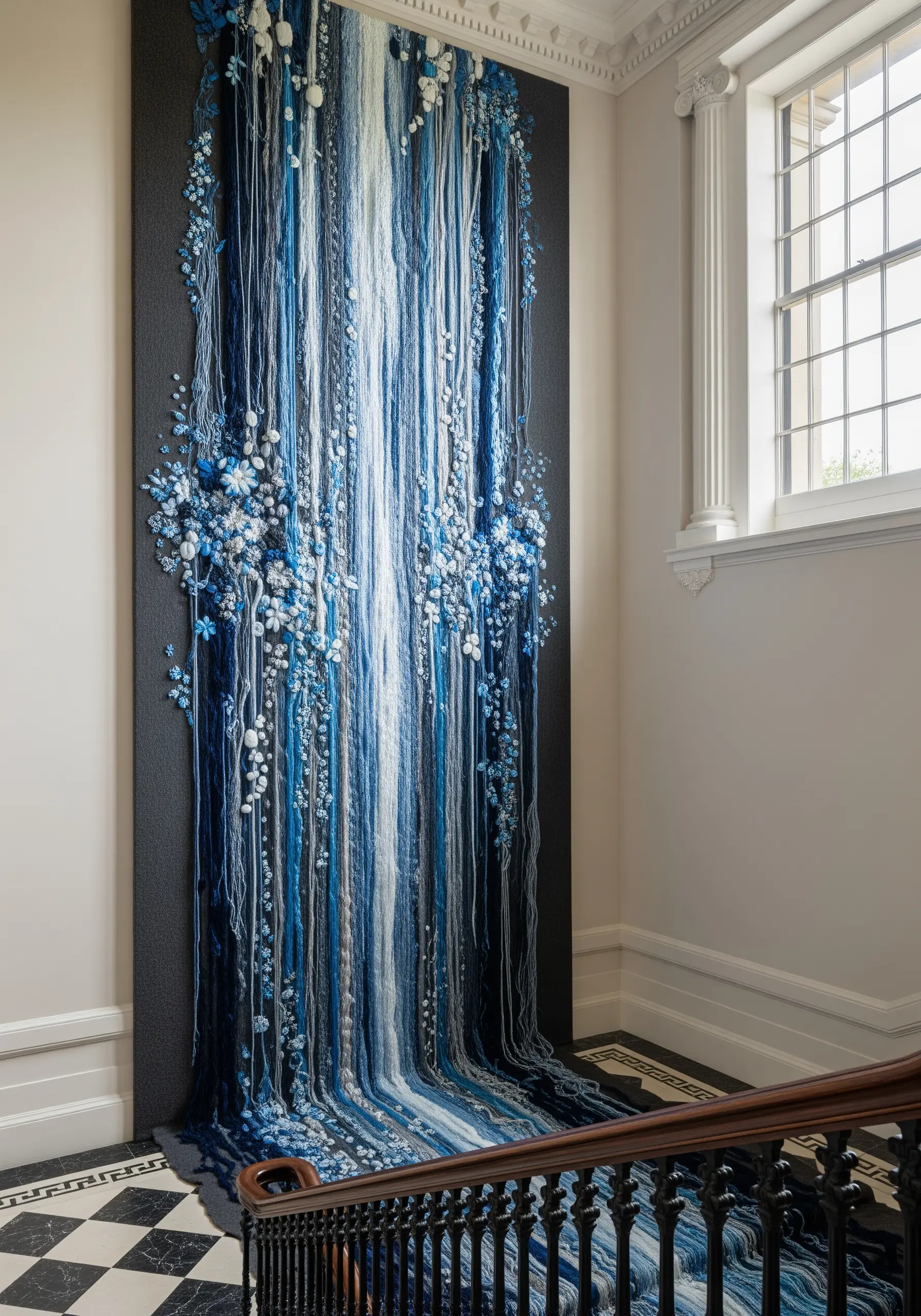 A massive, floor-to-ceiling fiber art installation of a blue and white waterfall made of yarn.