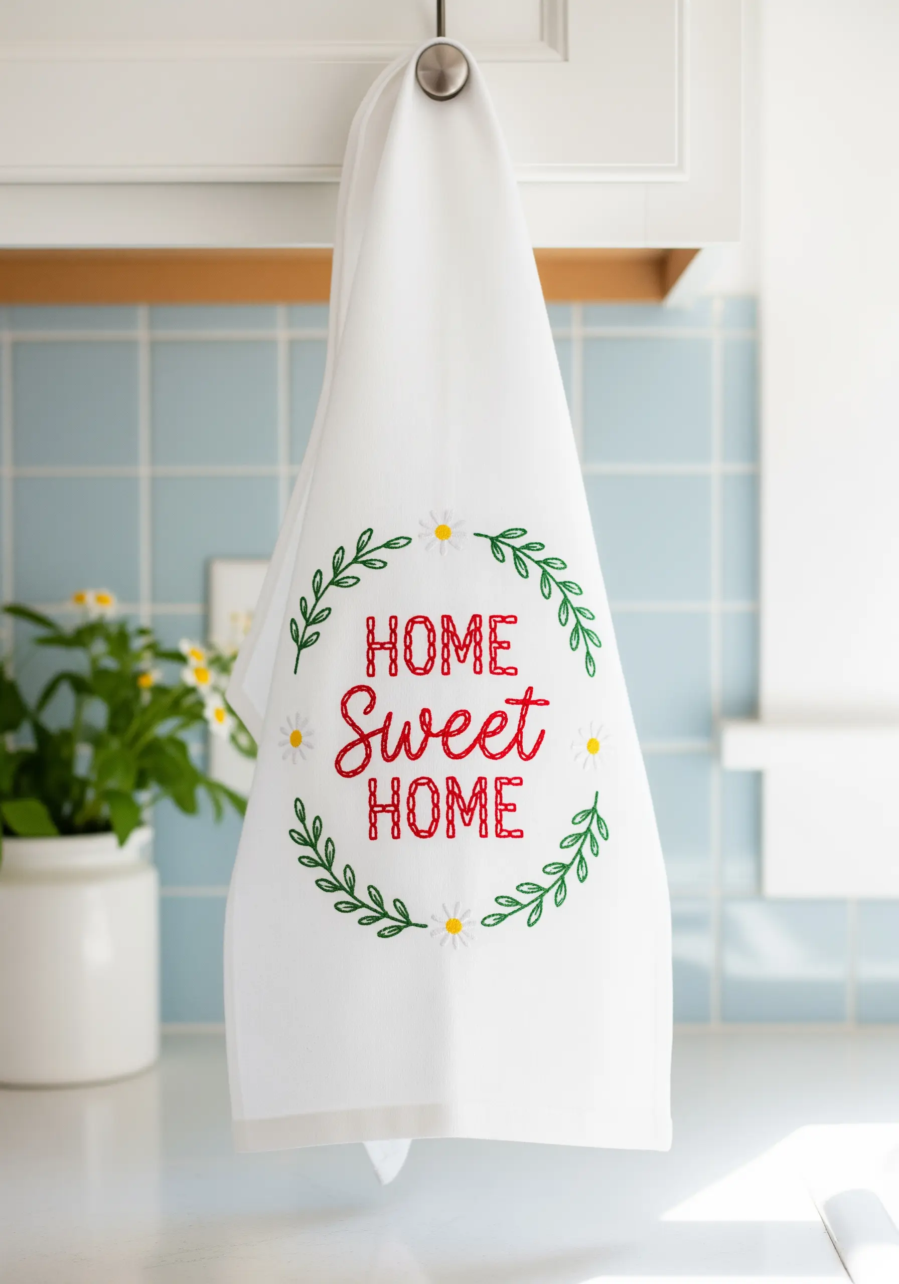 A white kitchen towel with the embroidered phrase 'Home Sweet Home' inside a leafy wreath.