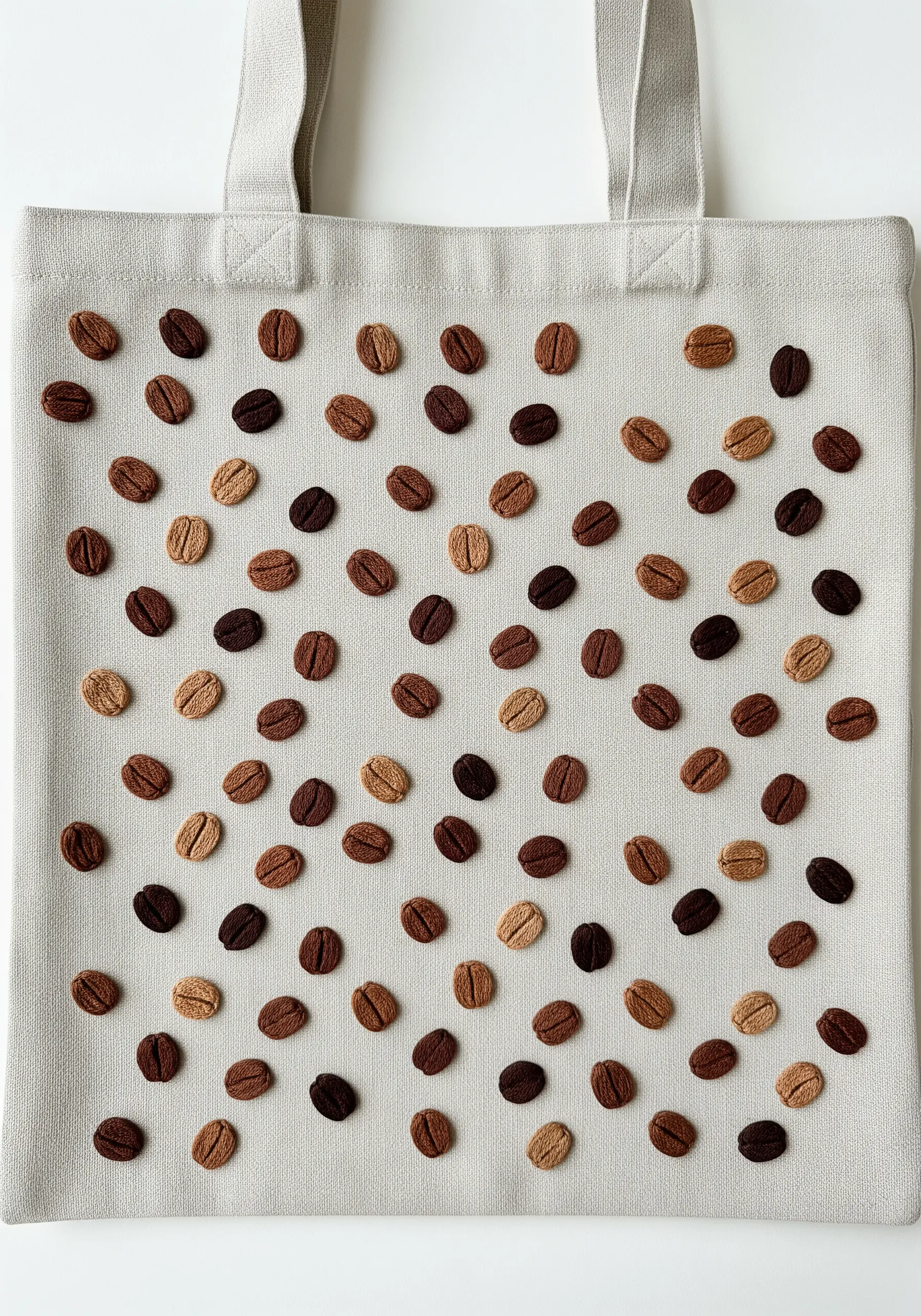 A pattern of small, embroidered coffee beans in various shades of brown on a canvas tote.