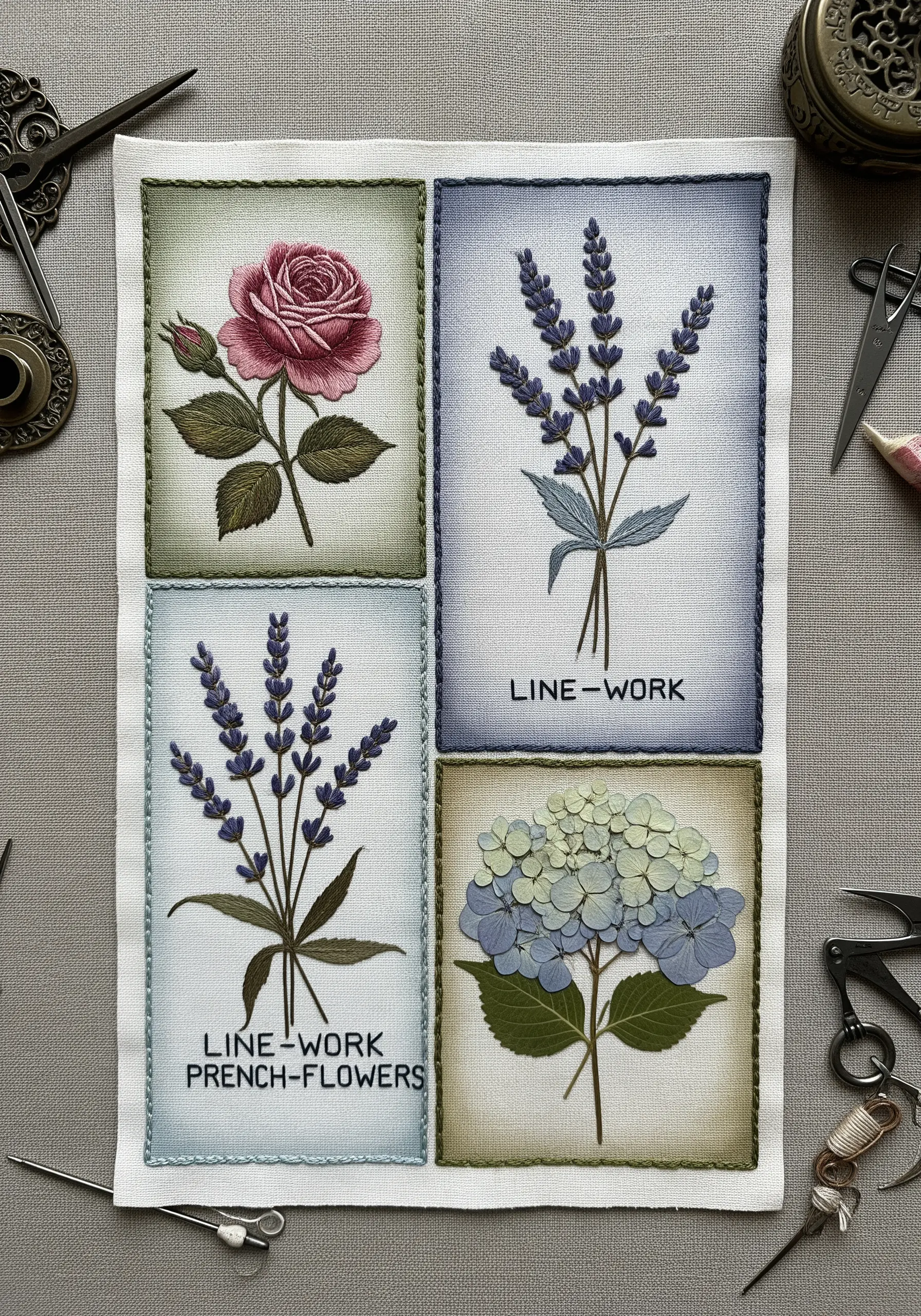 A sampler with four embroidered botanicals—rose, lavender, and hydrangeas—each in a stitched frame.