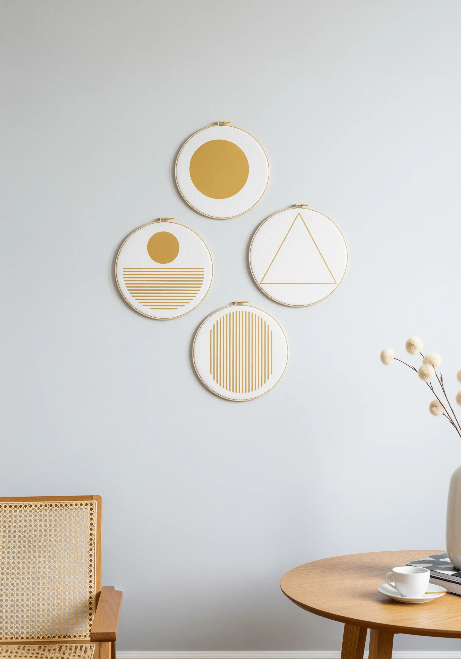 A set of four embroidery hoops with minimalist gold geometric designs against a light blue wall.