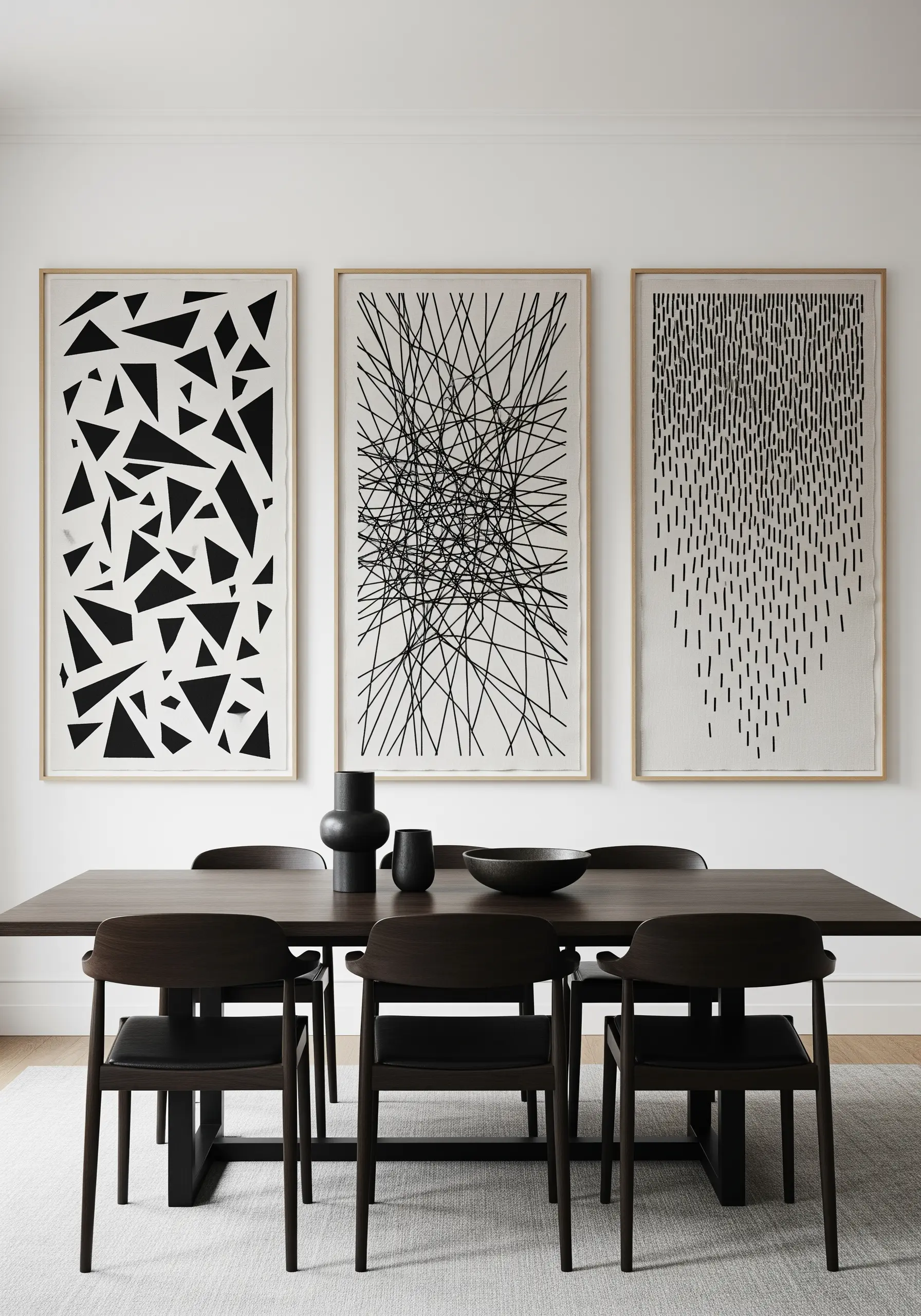 A triptych of framed black and white abstract art with geometric and linear patterns.