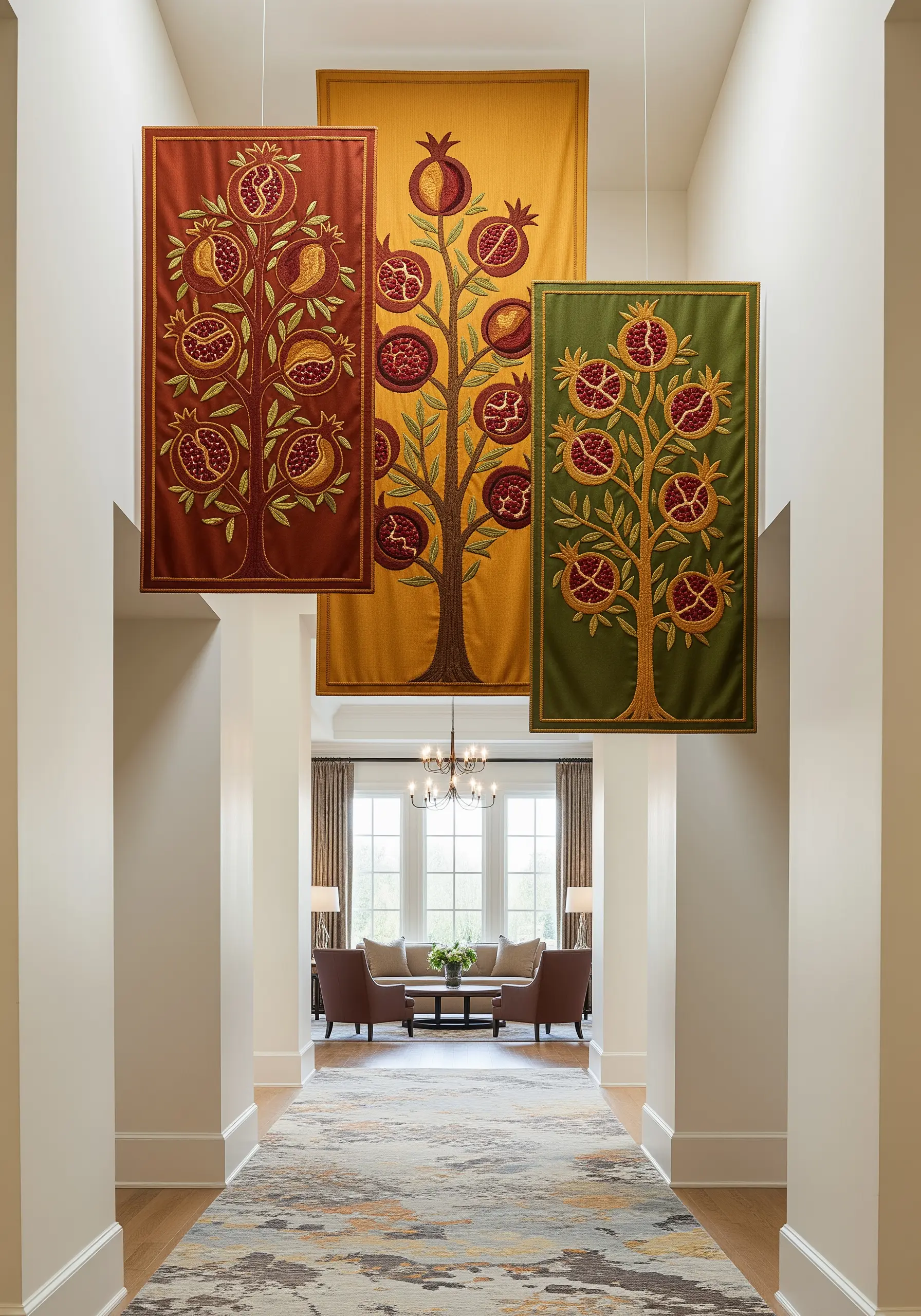 A triptych of three banners in rust, gold, and green, each with a pomegranate tree.