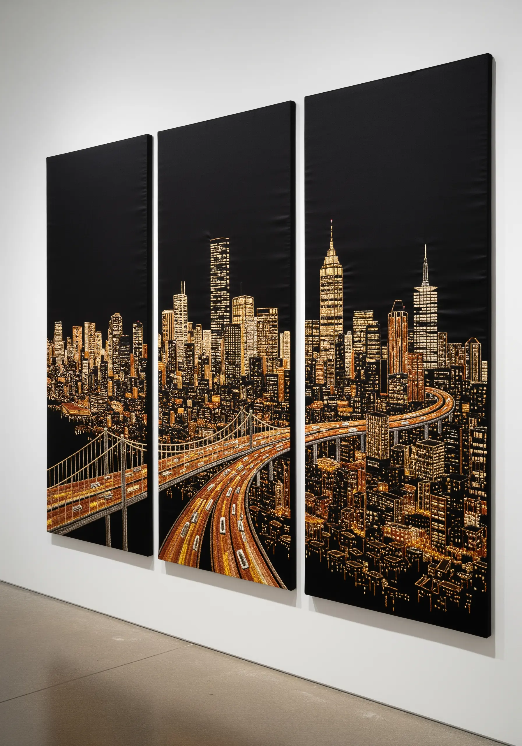 A three-panel embroidery piece showing a detailed, glowing city skyline at night.