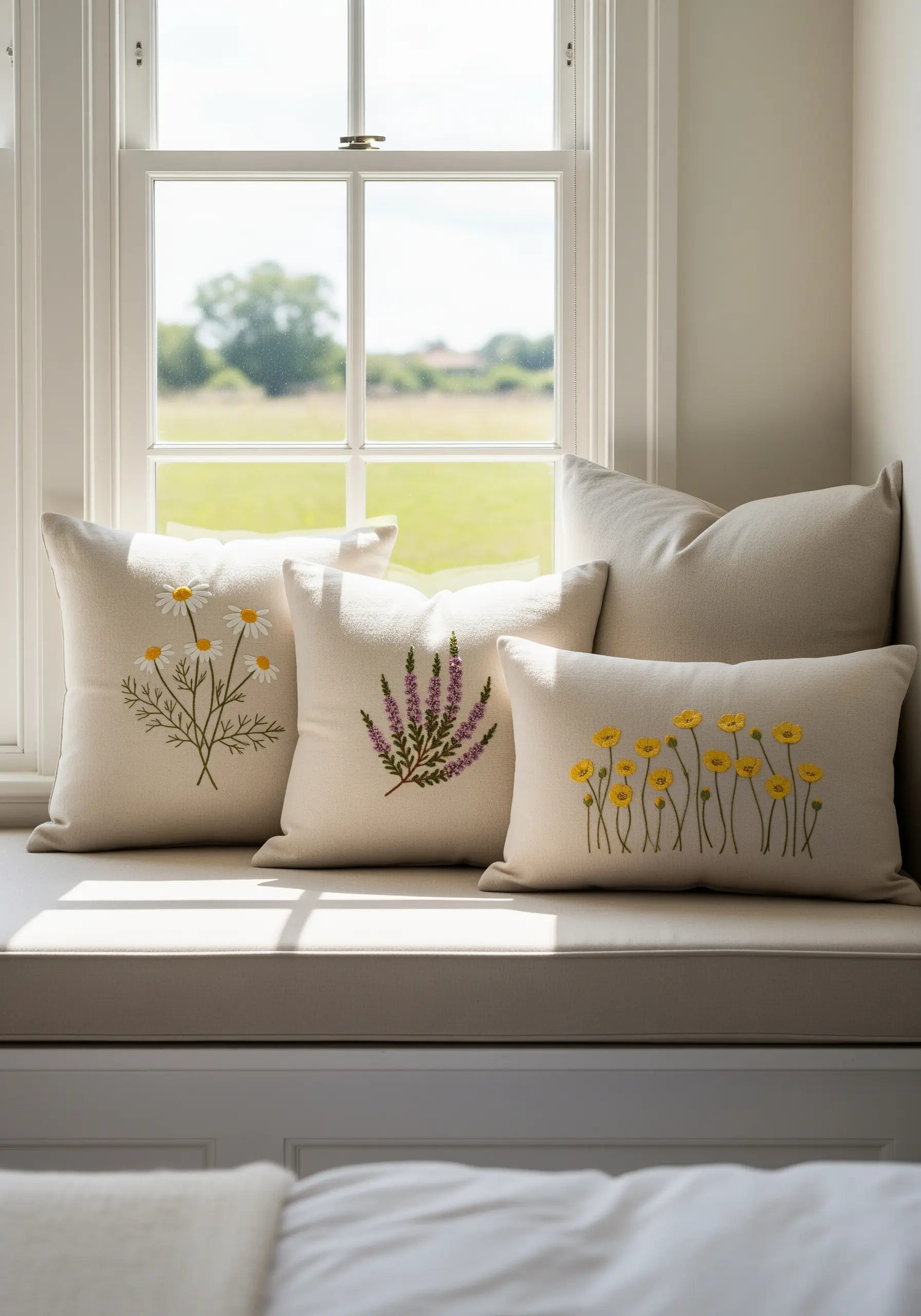 A set of three neutral cushions embroidered with daisies, lavender, and yellow poppies.