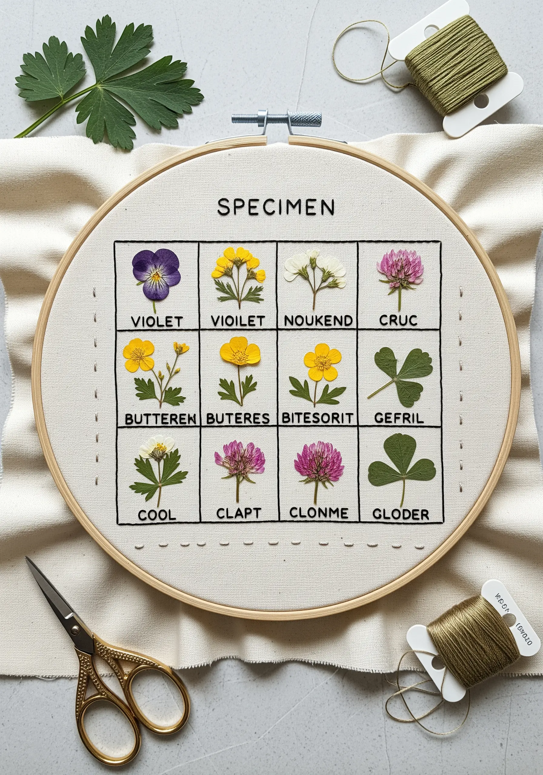A botanical sampler in a hoop, with pressed flowers arranged in a grid with embroidered labels.