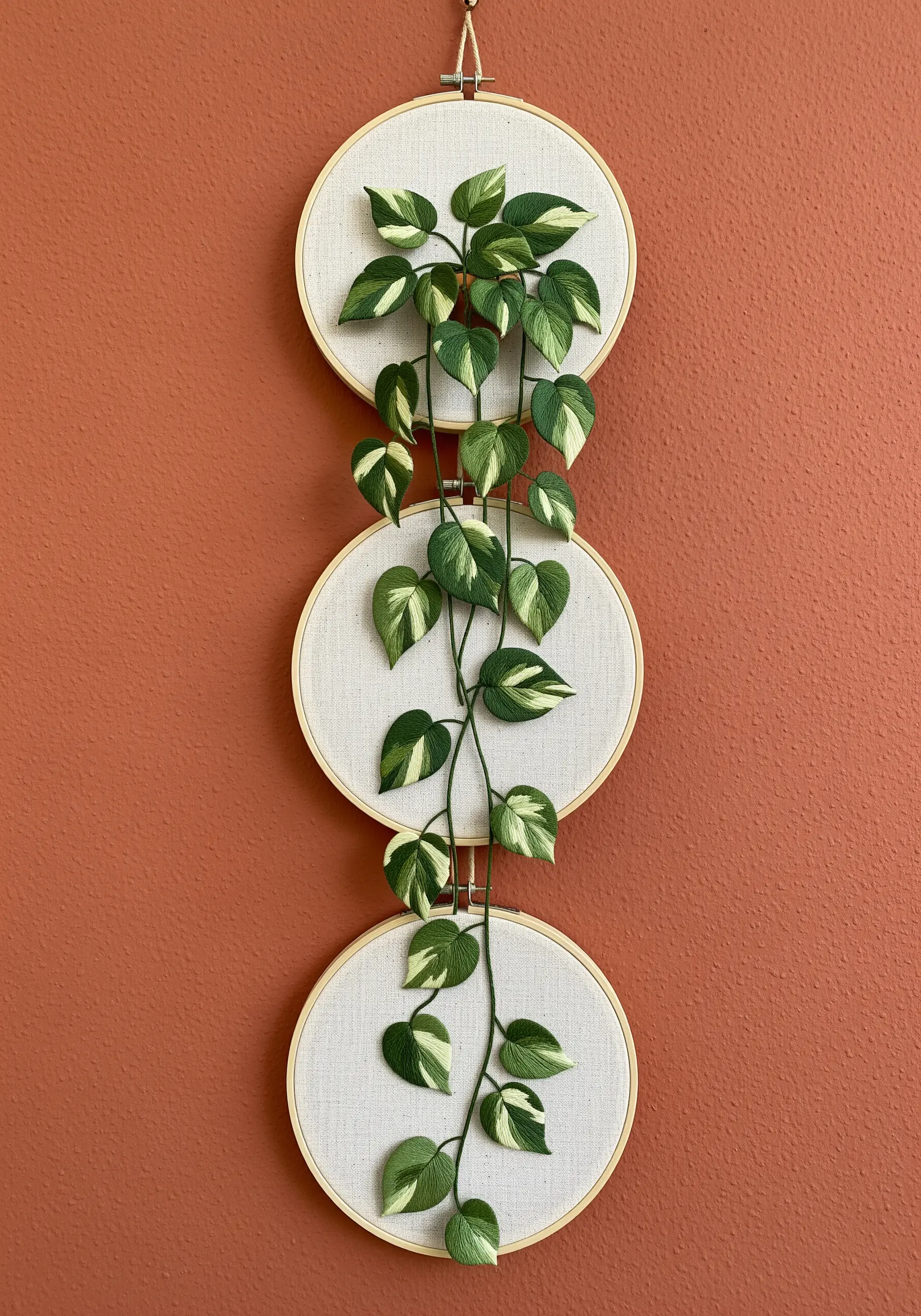 A continuous vine with variegated leaves flowing down across three stacked embroidery hoops.