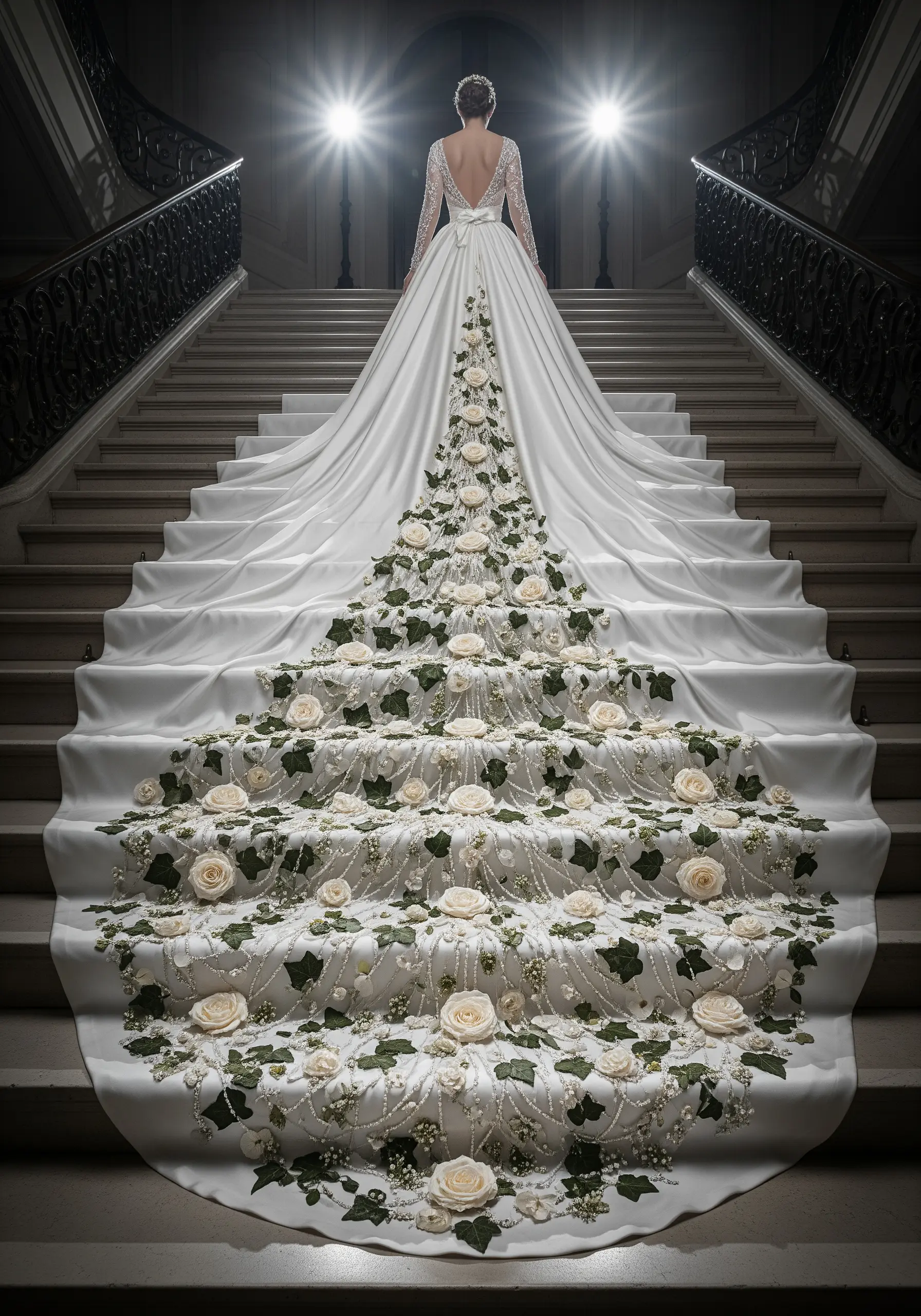 The long train of a wedding dress lavishly embellished with fabric roses, embroidered leaves, and pearls.