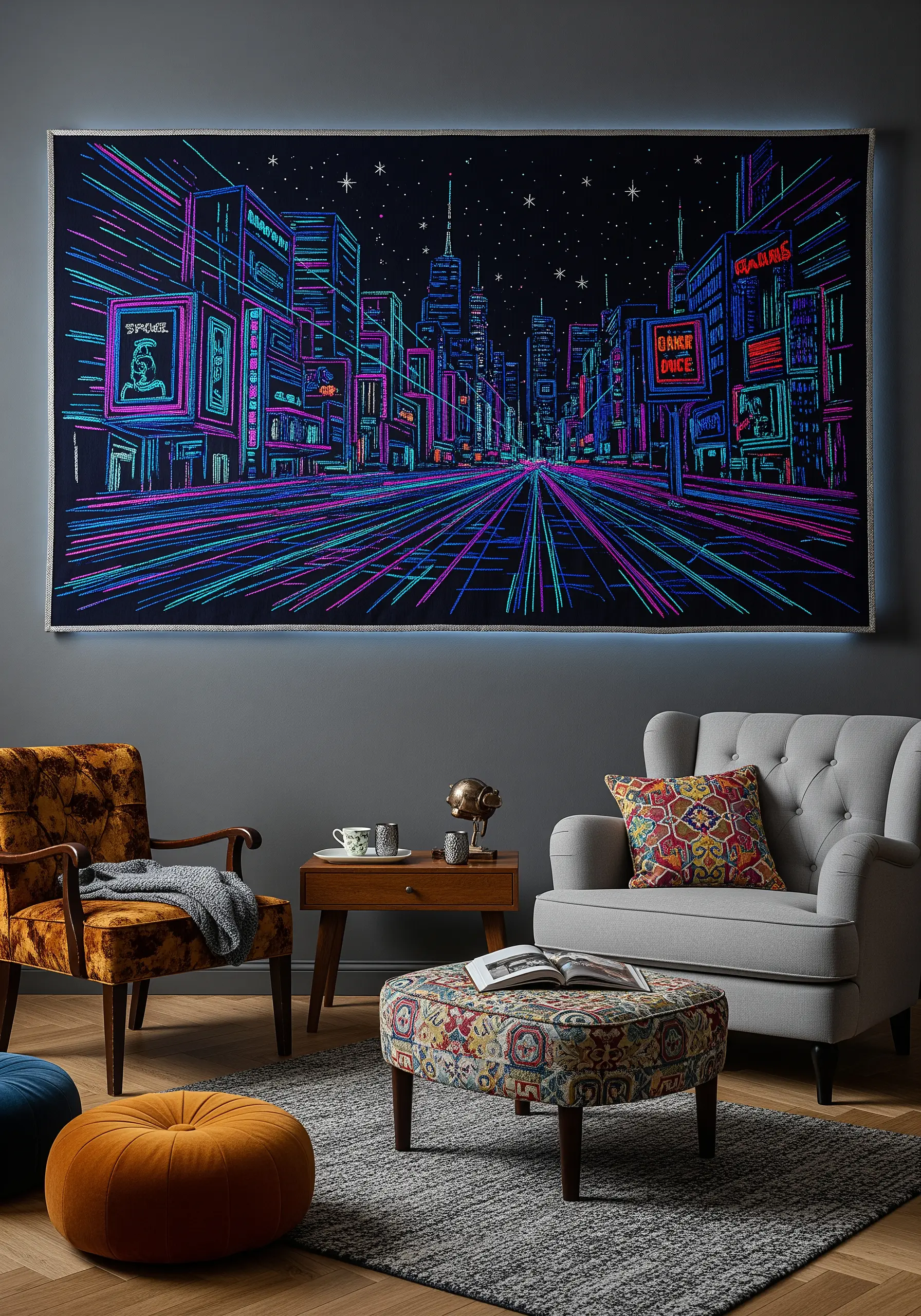 A large, framed embroidery of a neon-lit cyberpunk cityscape on a dark background.
