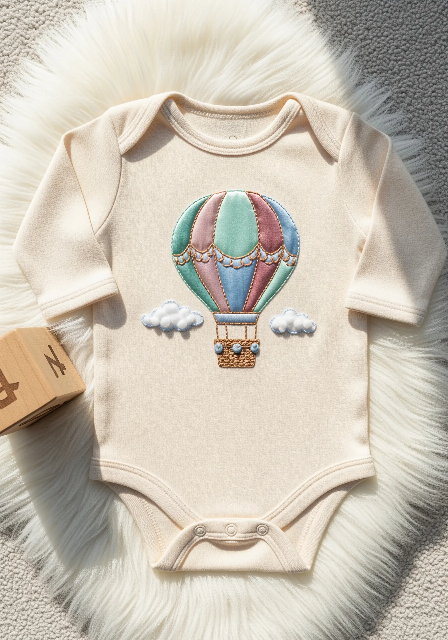 A pastel hot air balloon embroidered on the front of a cream-colored baby onesie.