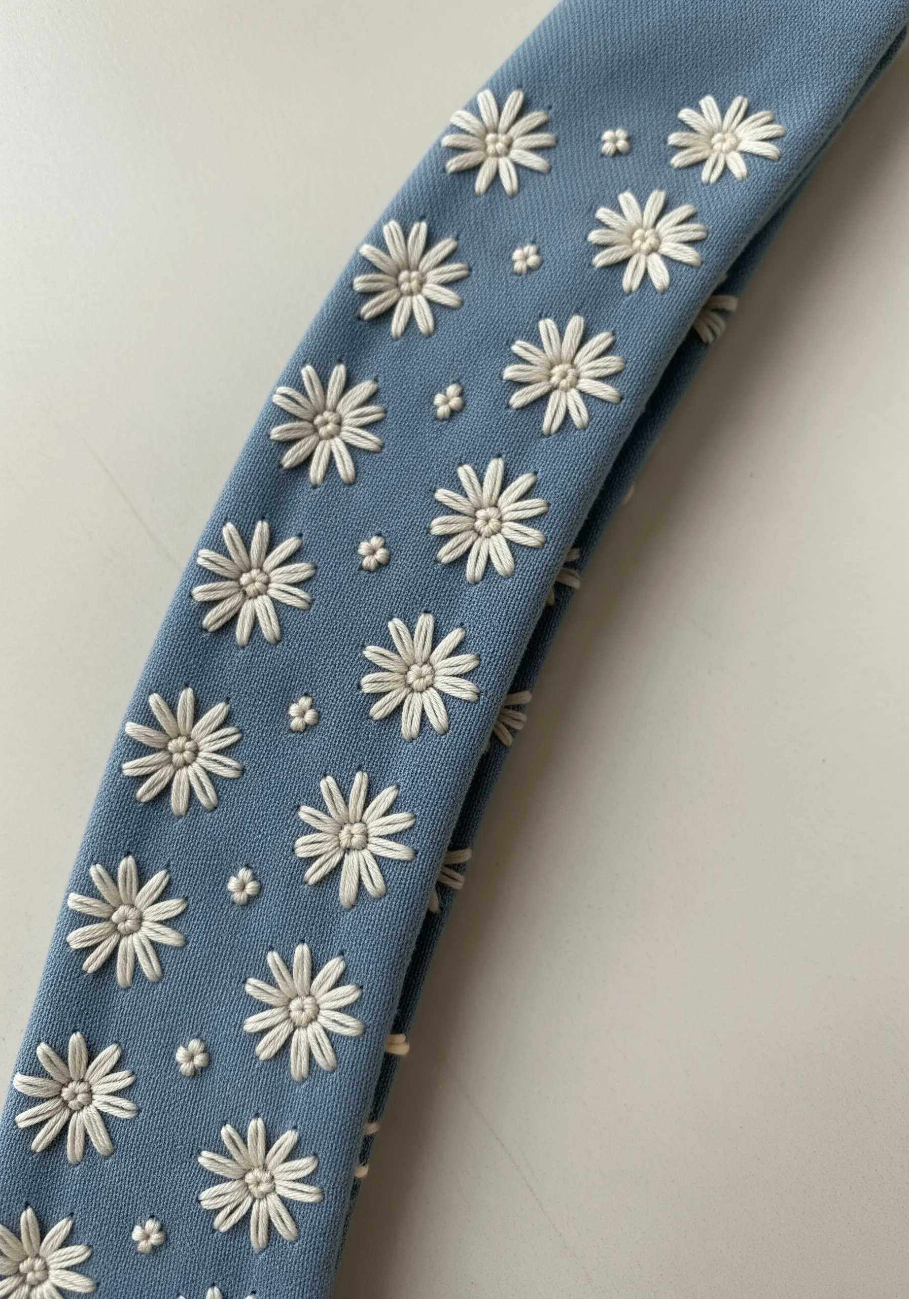 A dense pattern of white lazy daisy flowers with French knot centers on a blue headband.