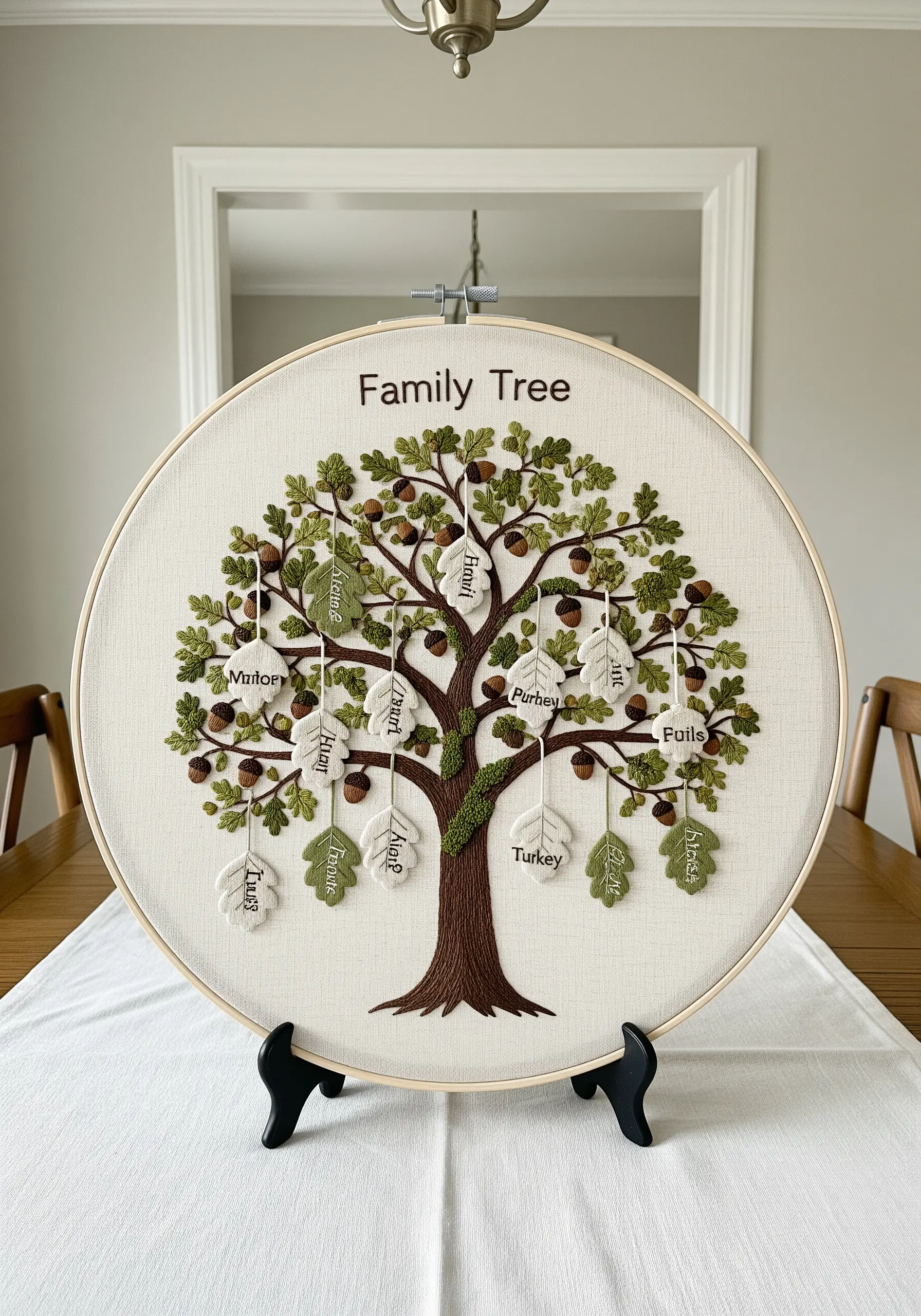 A large embroidery hoop displaying a family tree with names embroidered on hanging fabric leaves.