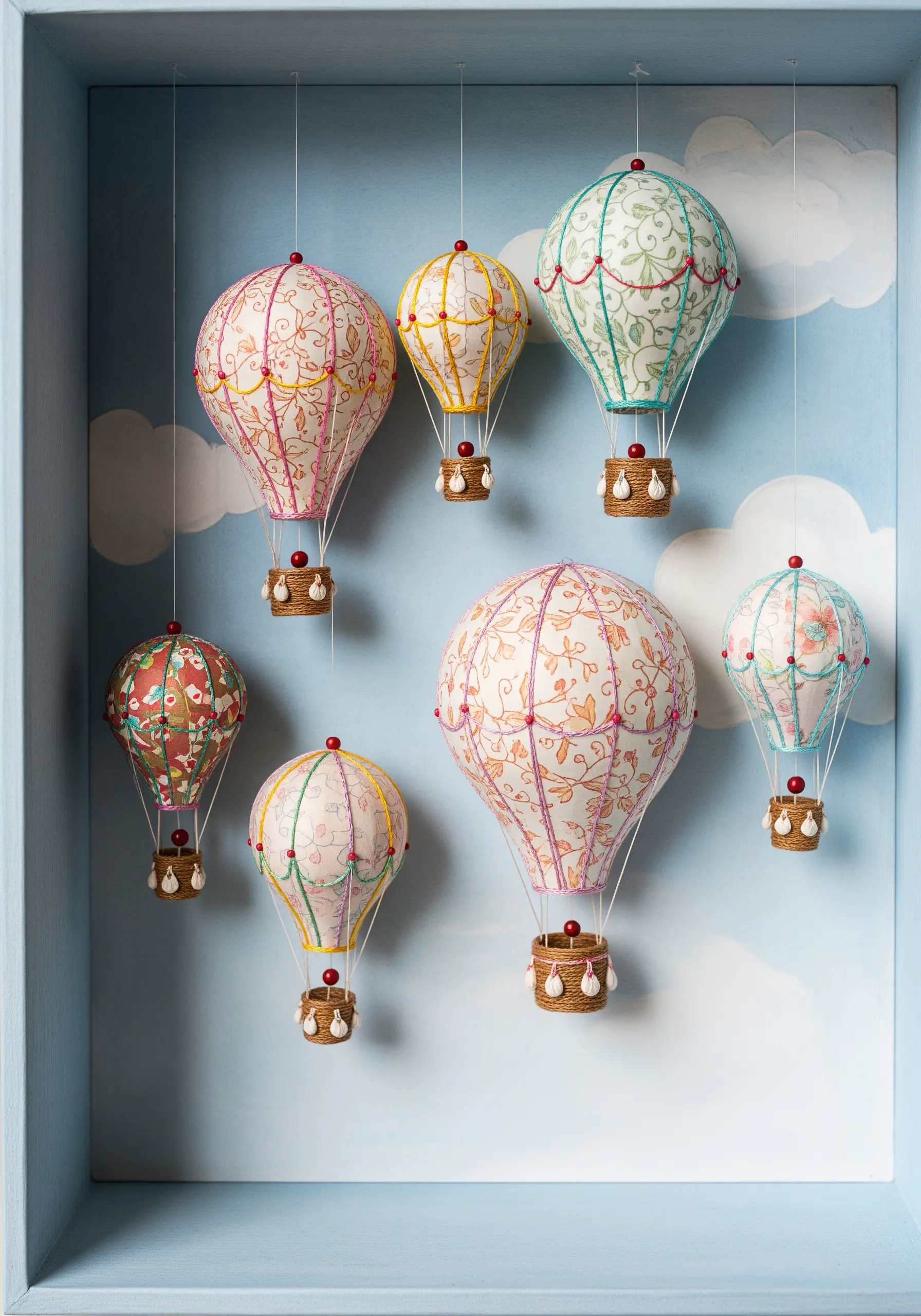 A shadow box diorama with 3D paper hot air balloons detailed with fine embroidery.