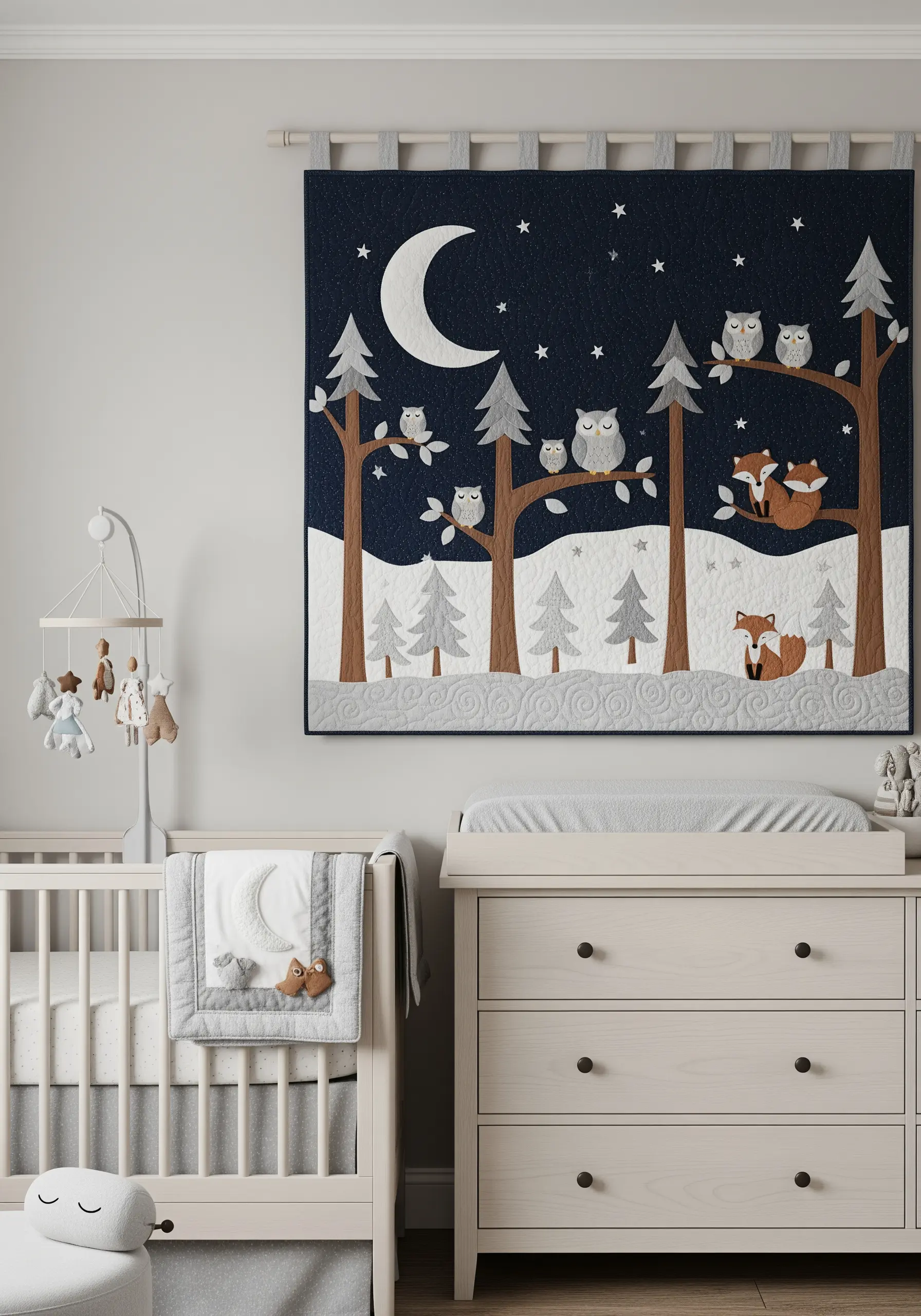 A quilted nursery wall hanging with appliquéd owls, foxes, and trees in a nighttime scene